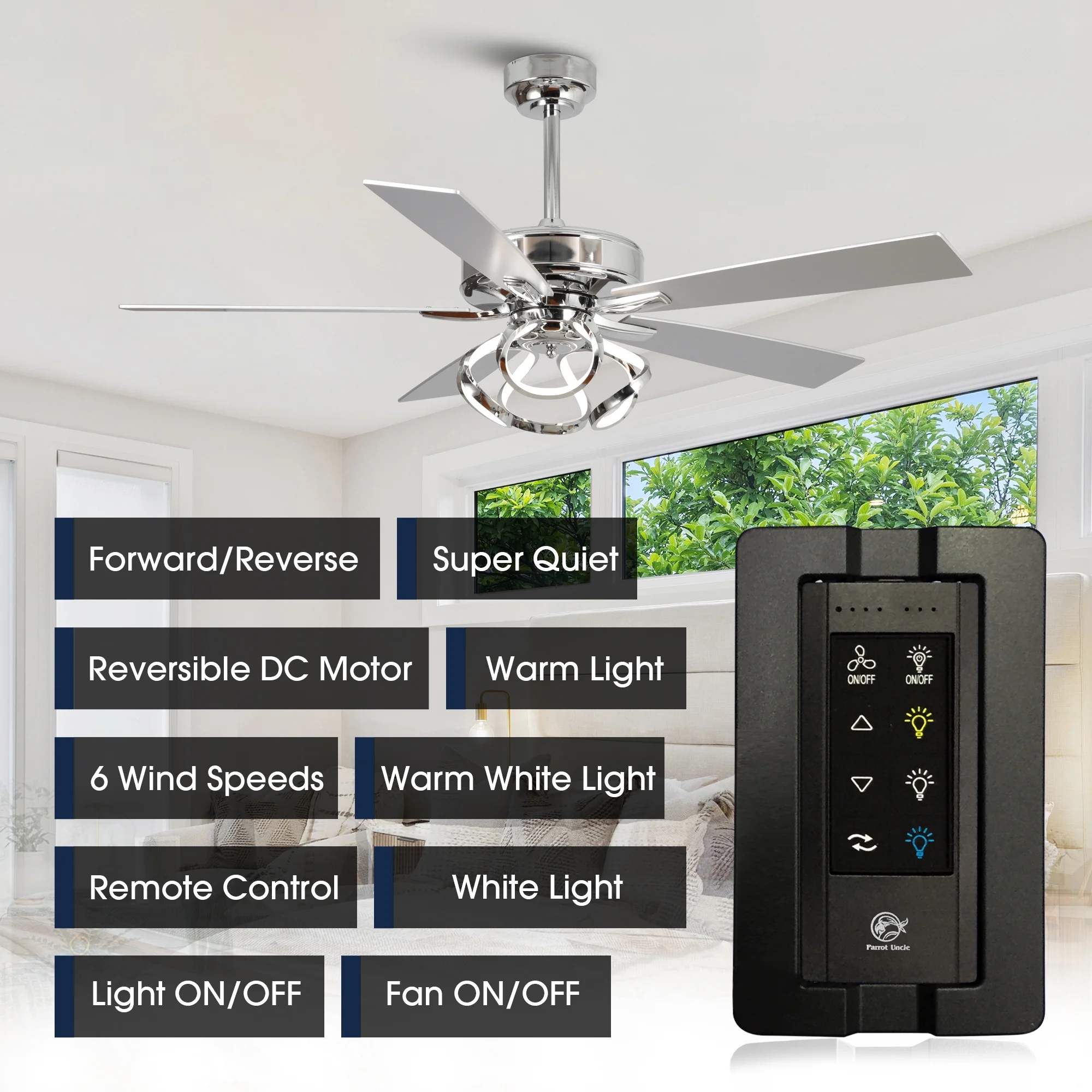 Parrot Uncle 52-Inch Contemporary Chrome Ceiling Fan with Integrated LED Lights and Remote Control - Image 11