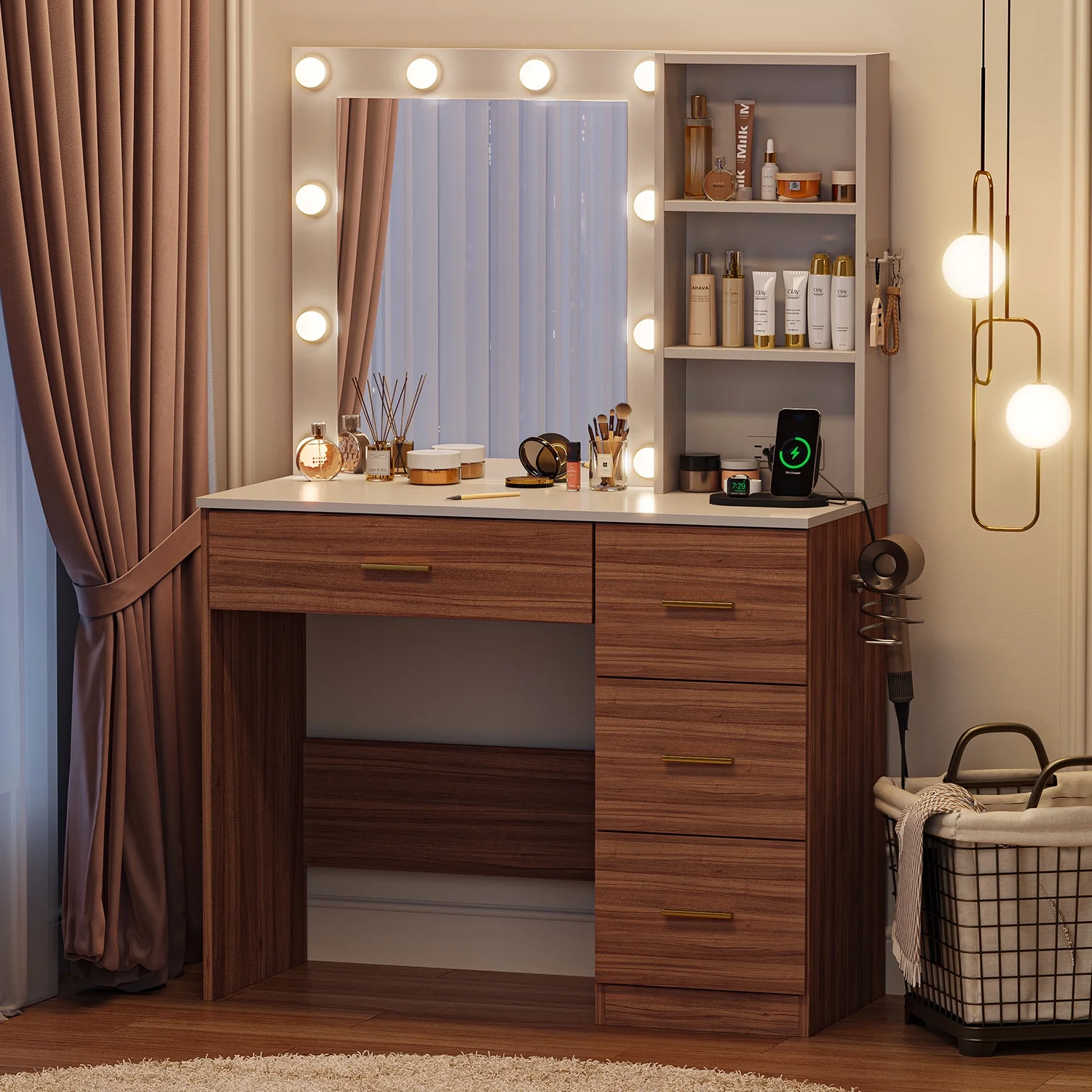Makeup Vanity with Mirror and 3 Color Lights,Vanity Dressing Table with USB Charging Station,4 Drawers,Open Storage Shelves,White - Image 20