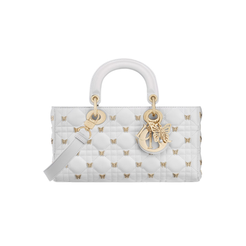 Medium Lady D-Joy Bag White Cannage Lambskin with Gold-Finish Butterfly Studs1:1High-quality replica