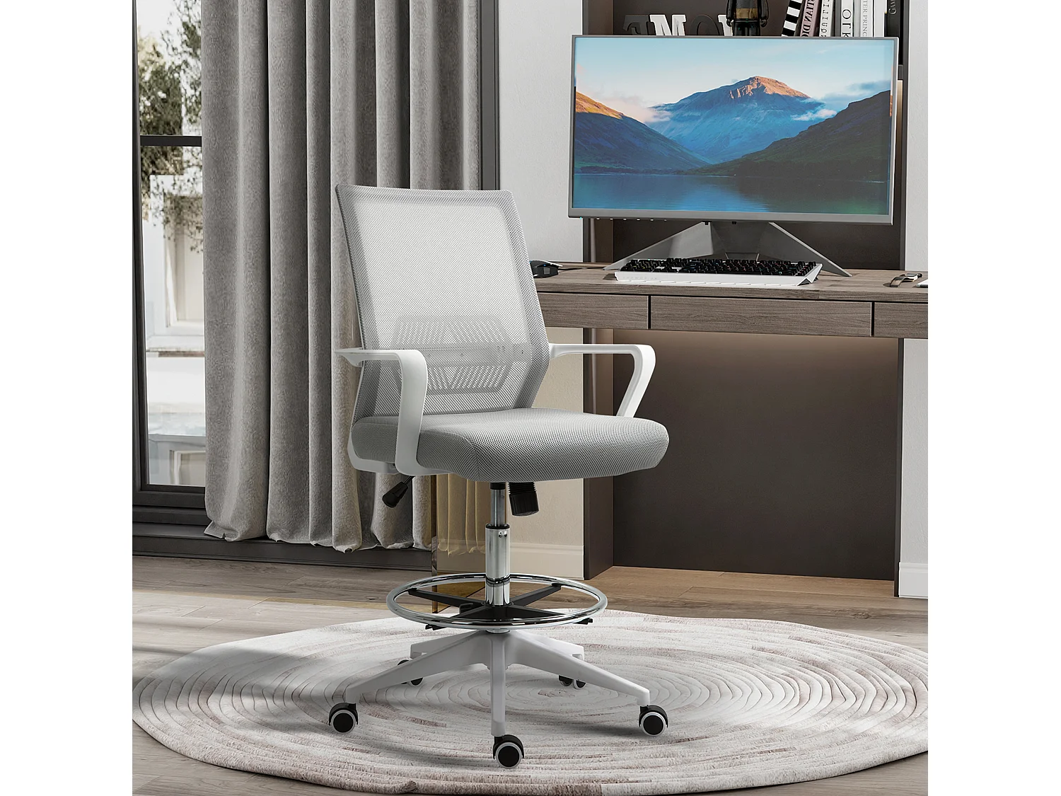 Fauteuil de bureau chaise de bureau assise haute réglable dim. 64L x 59l x 104-124H cm pivotant 360° maille respirante gris