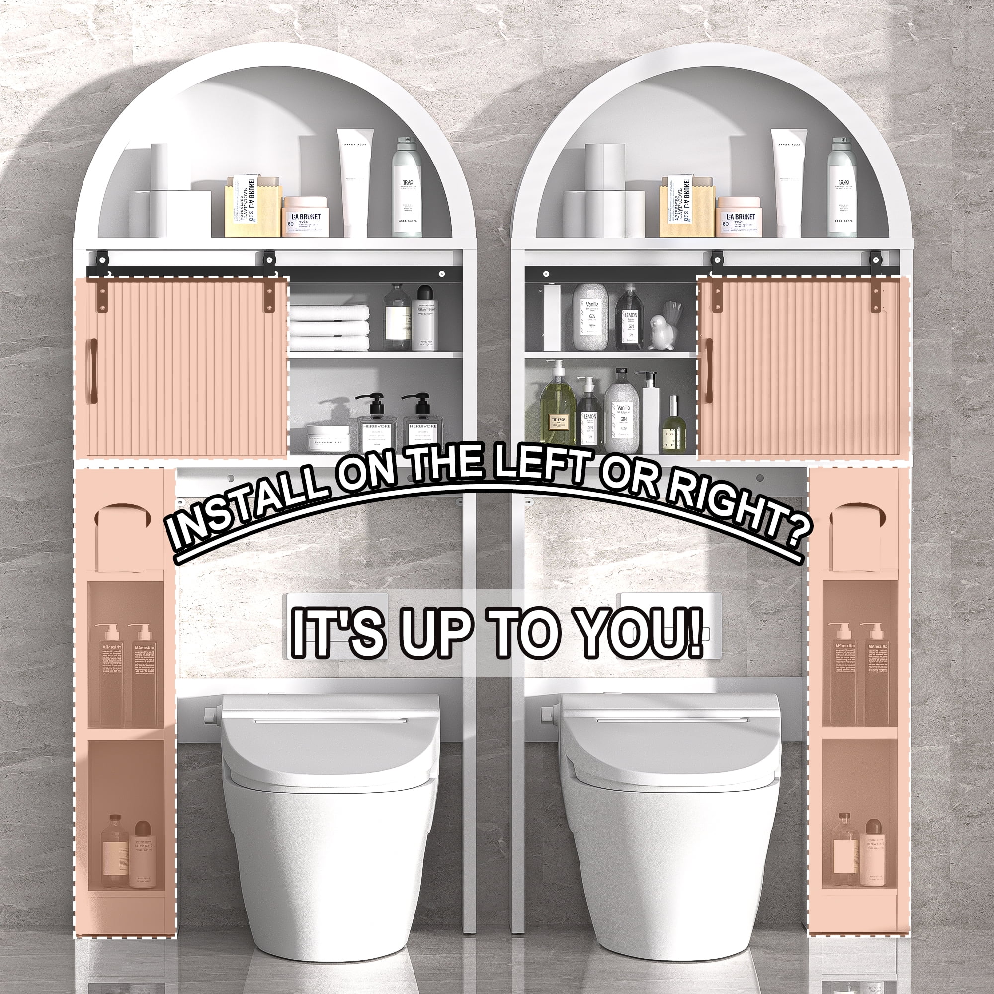 HARIPUL Over The Toilet Storage Cabinet w/ Unique Wood Grain & Arc Design, Freestanding Bathroom Shelf Organizer Space Saver w/ Doors & Anti-Tip Device, Wood Color - Image 22