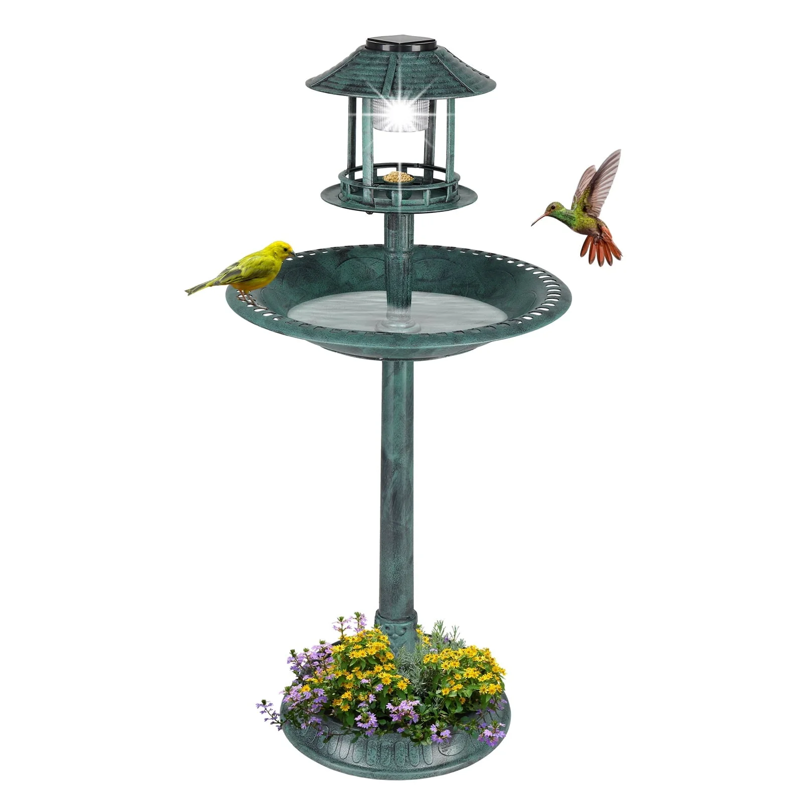 SamyoHome Wild Bird Bath Resin Pedestal Birdbaths with Solar Light Dark Green