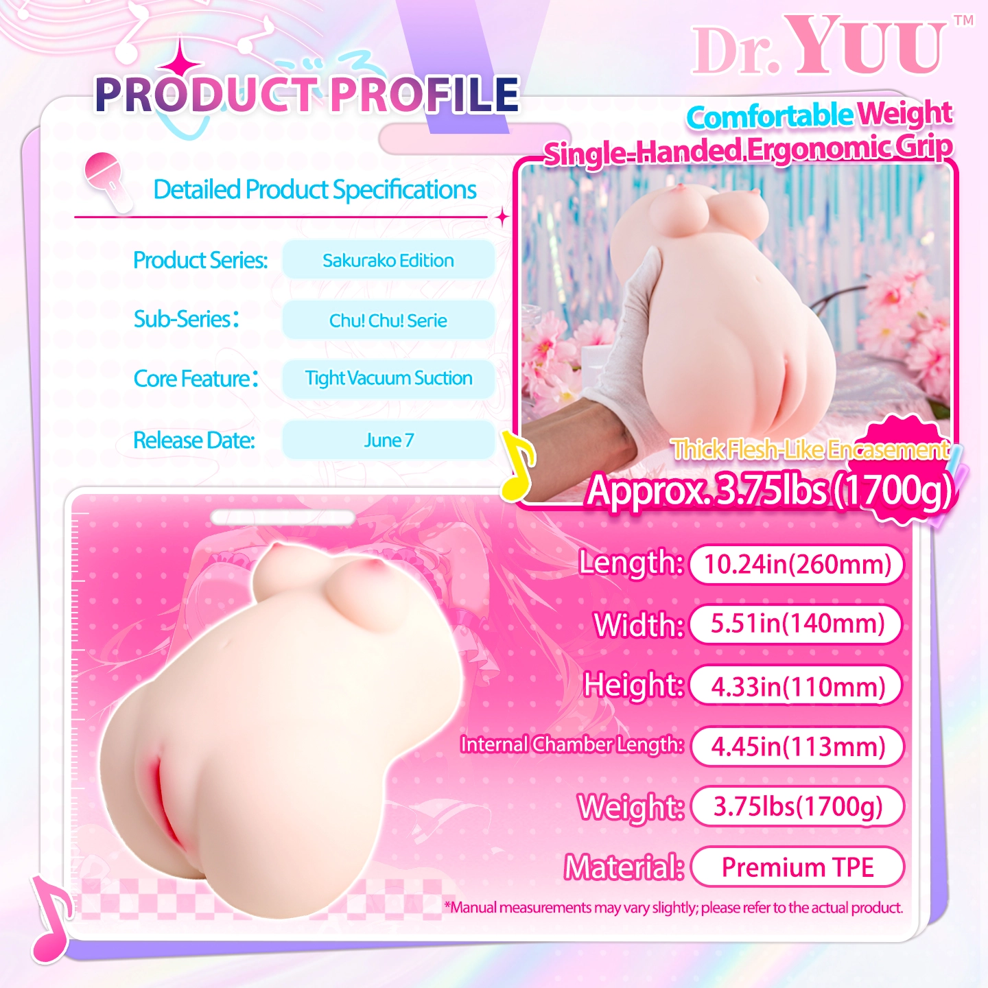 Ultra-soft and skin-like modified TPE material of the Dr.YUU male masturbation sleeve.