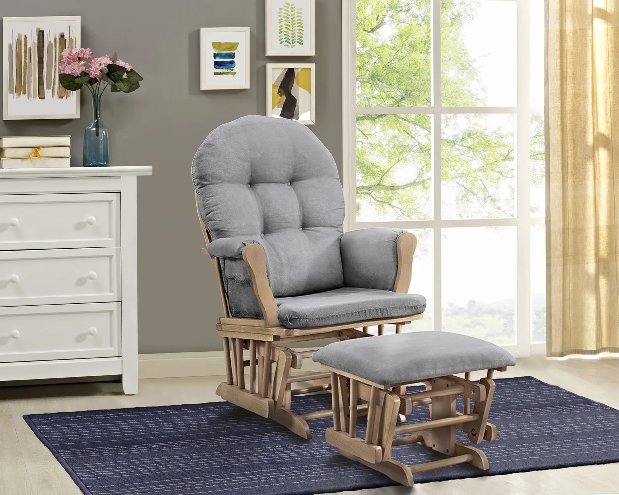 Angel Line Windsor Glider and Ottoman, Natural Finish with Gray Cushions - Image 2