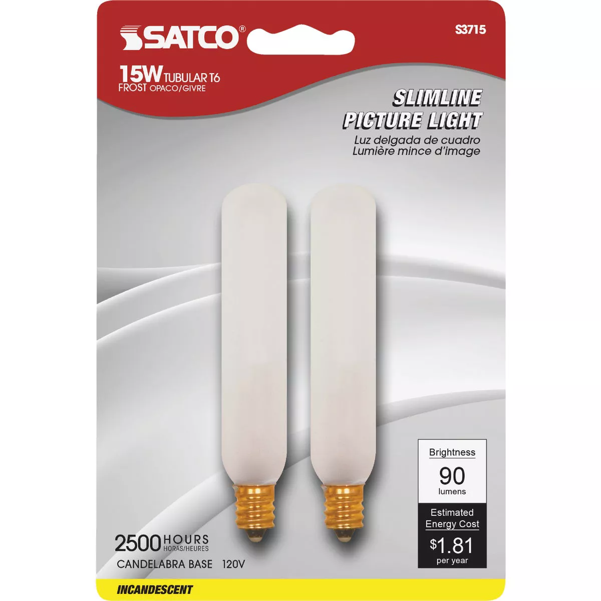 Satco 15W Frosted Candelabra Base Soft White T6 Incandescent Tubular Appliance Light Bulb (2-Pack)