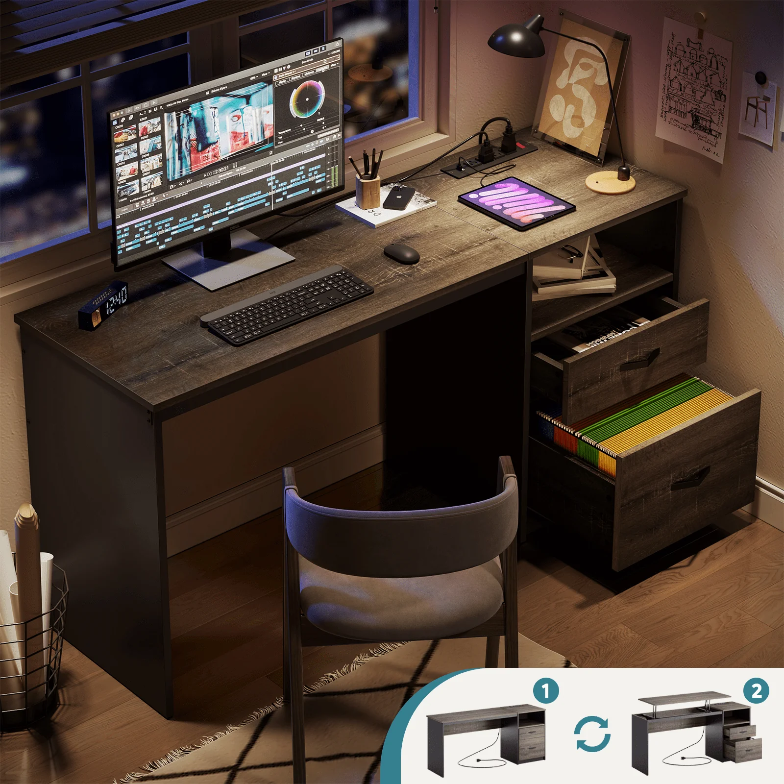 Bestier Computer Desk with Drawers Power Outlet 60" Office Desk Lift Top Desk, Gray - Image 5