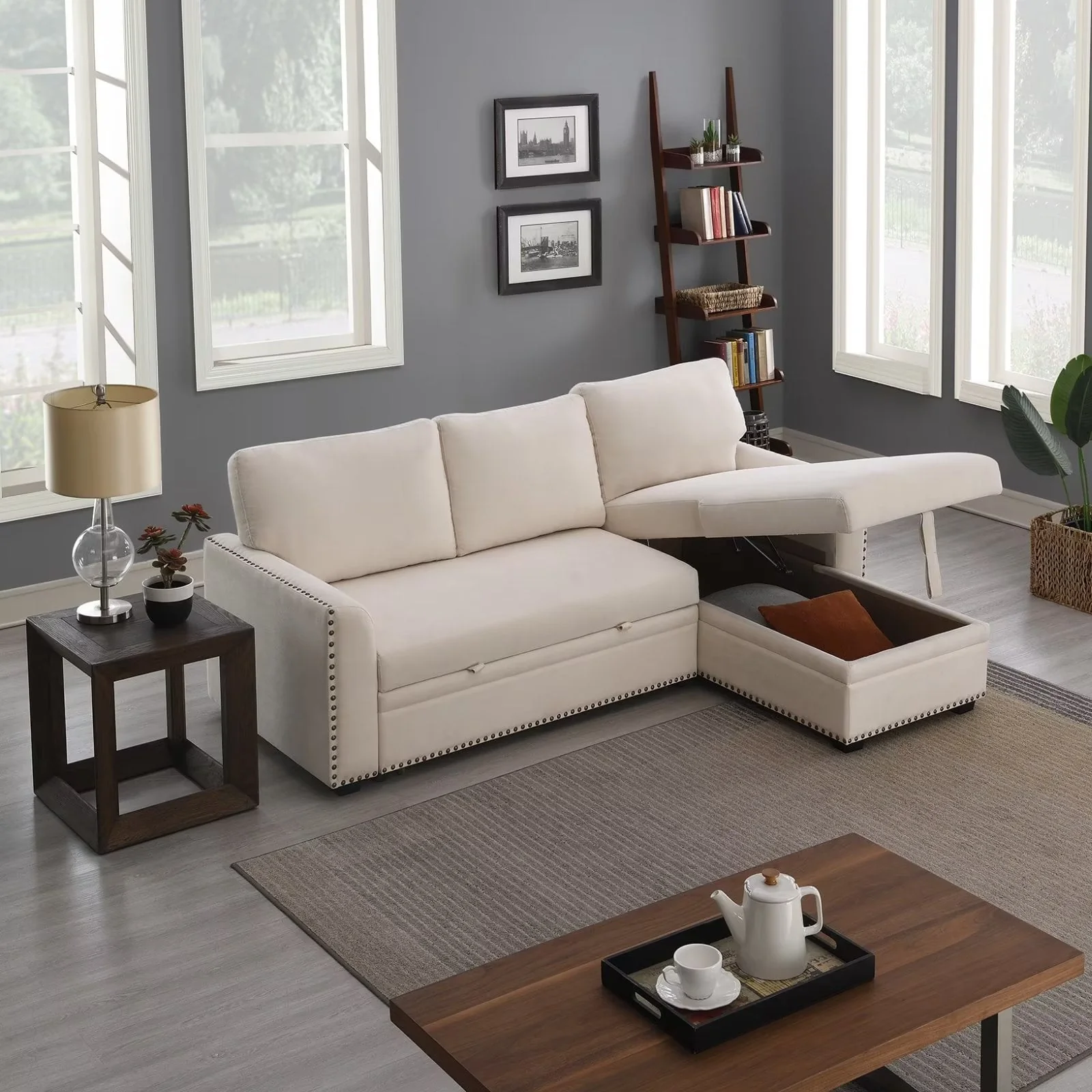Morden Fort Velvet Reversible Sectional Convertible L-Shape Sofa Sleeper with Storage
