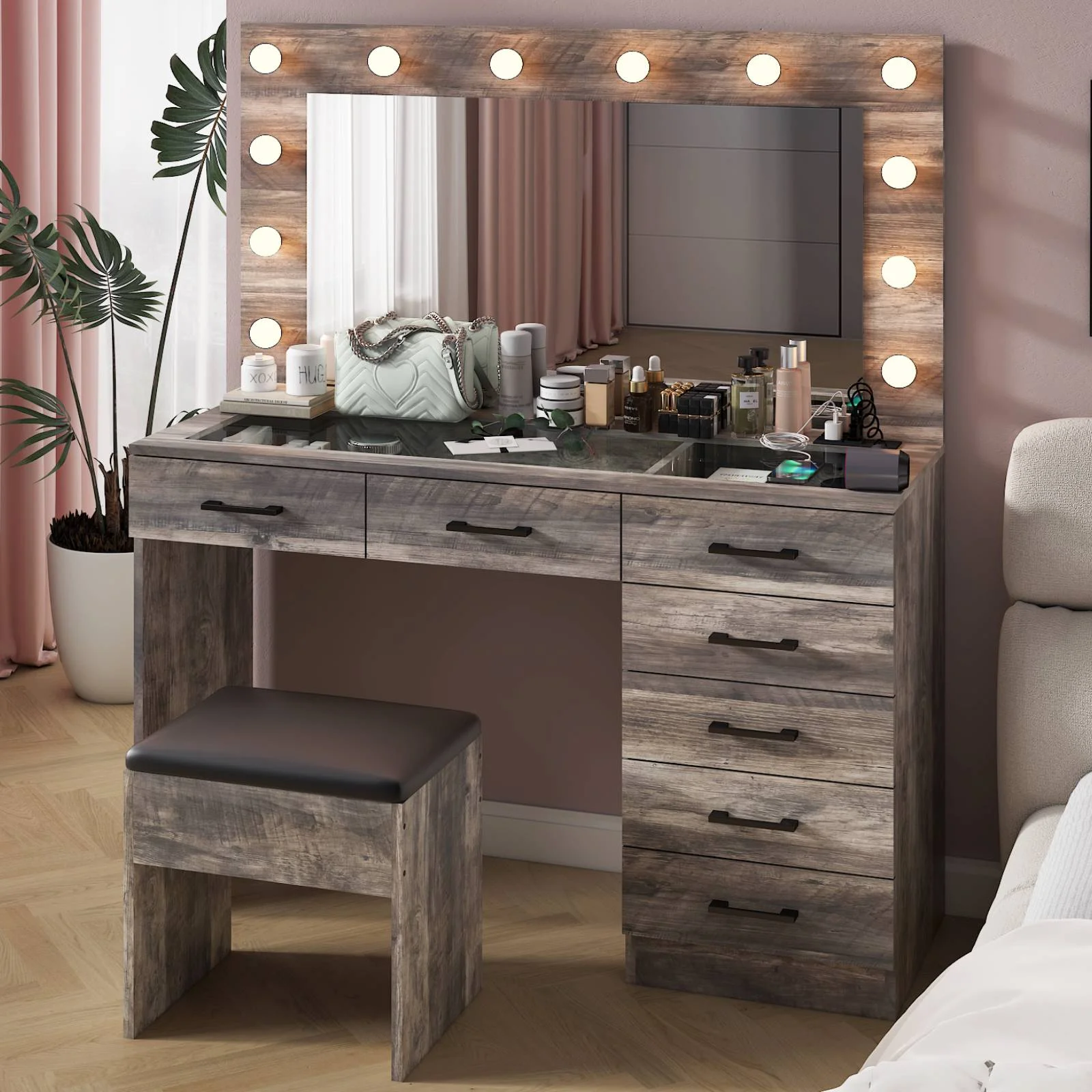 Ktaxon Large Makeup Vanity, Vanity Table Set w/ Visible Glass Top w/ Charging Station, White - Image 74