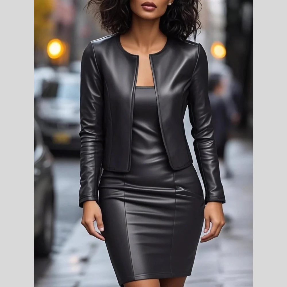 Open Front Leather Jacket & Dress Set - ZKZOOK