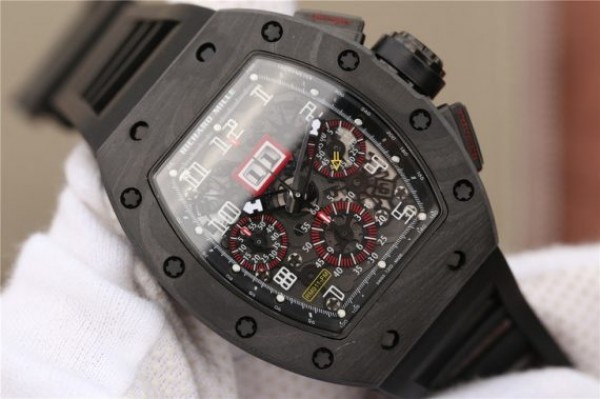 Replica Richard Mille RM011 NTPT Carbon Case Chronograph KVF Crystal Skeleton Dial Red Black Rubber Strap A7750 - Top club