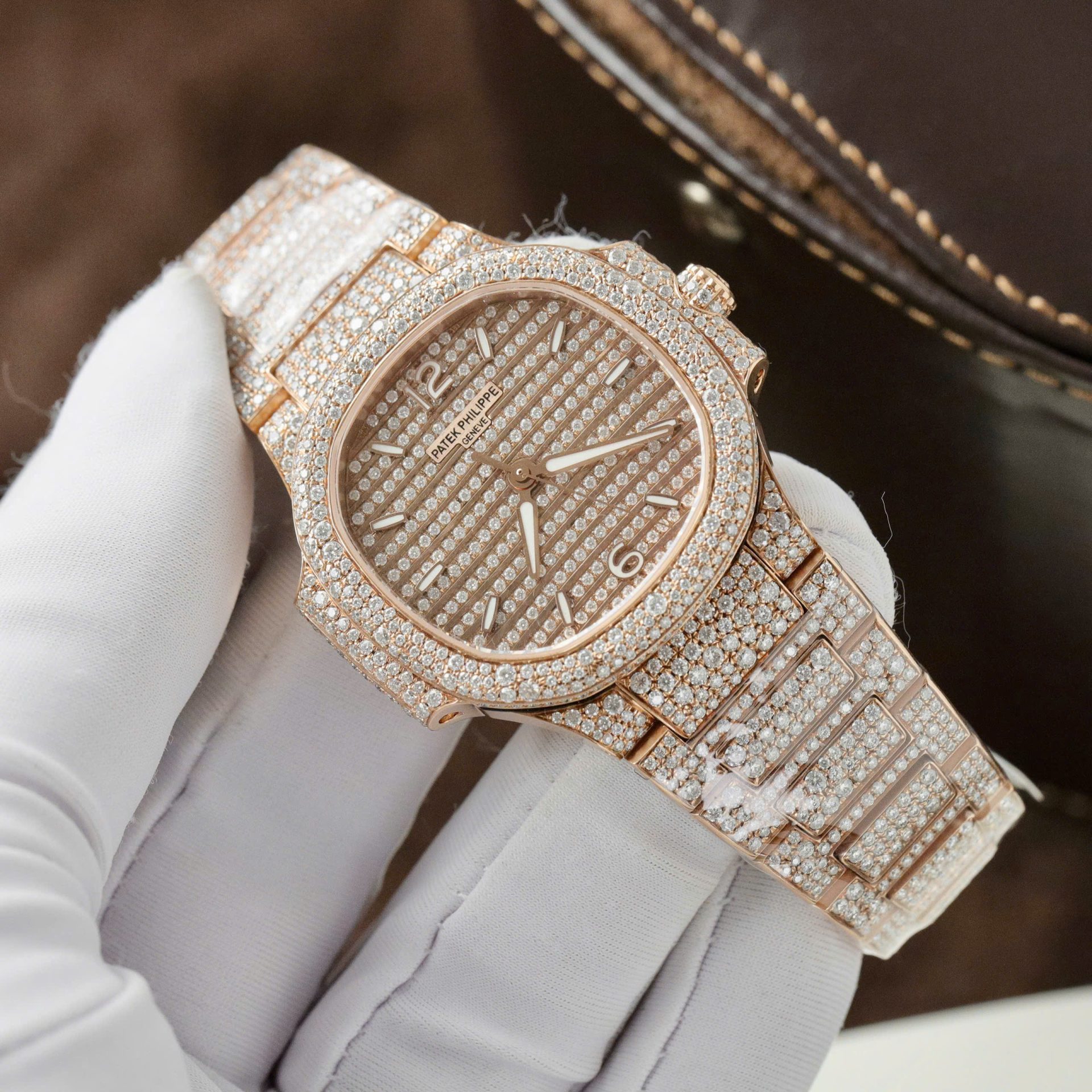Patek Philippe Nautilus 7118 Replica Watch Gold Wrapped + Moissanite Diamonds Custom 35.2mm - Top club