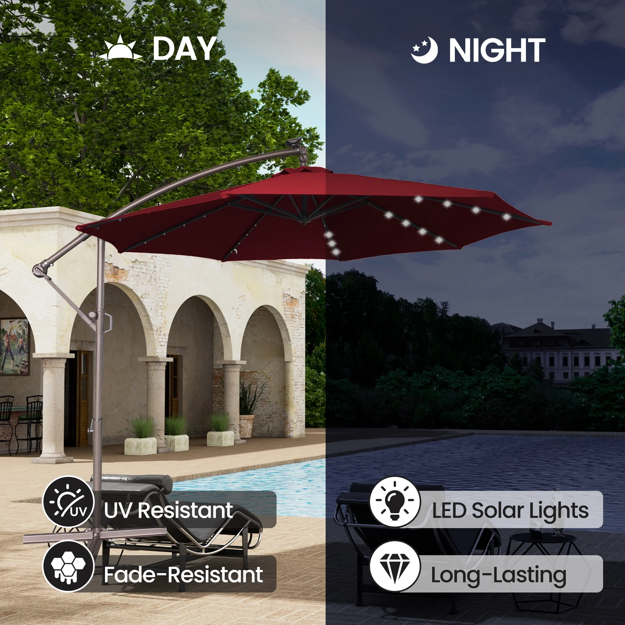 Mondawe 10ft Solar Lights Offset Cantilever Patio Umbrella - with Light, LED Lighted Offset Hanging Patio Outdoor Market Umbrella UPF50+ UV Protection with Crank,Navy Blue - Image 16