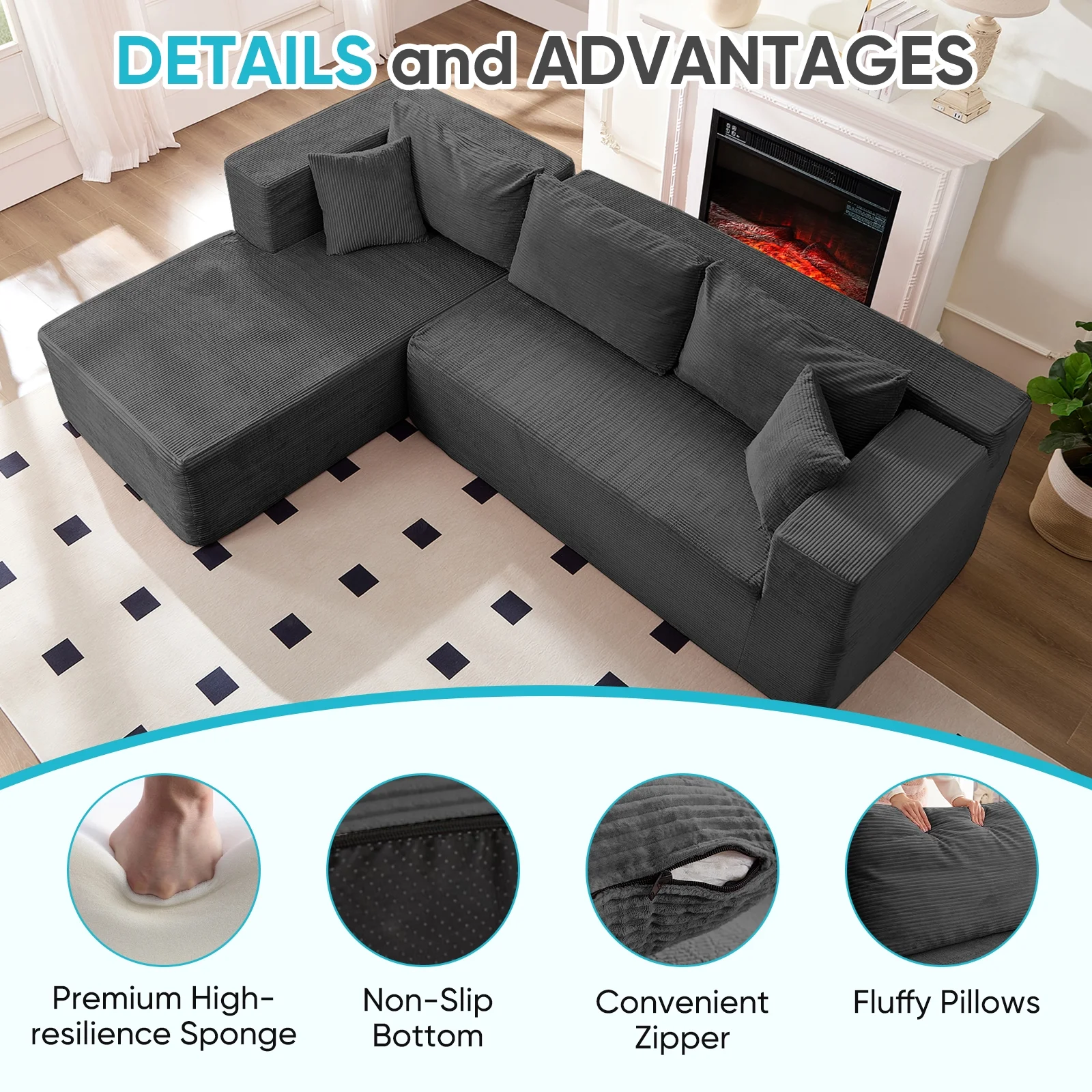 ZAFLY 106" Cloud Sectional Couch with Chaise, No Assembly Required L Shaped Sleeper Sofa, Oversized Deep Seat Modular Couches and Sofas for Living Room - Right, Black - Image 39