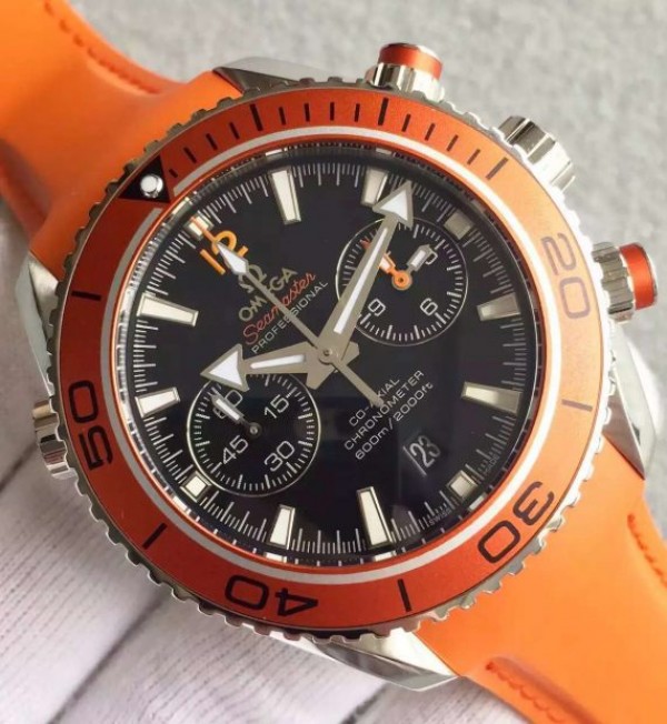 Replica Omega Planet Ocean 45mm Chrono Orange Bezel Black Dial Rubber Strap A9300 - Elite Watch Atelier