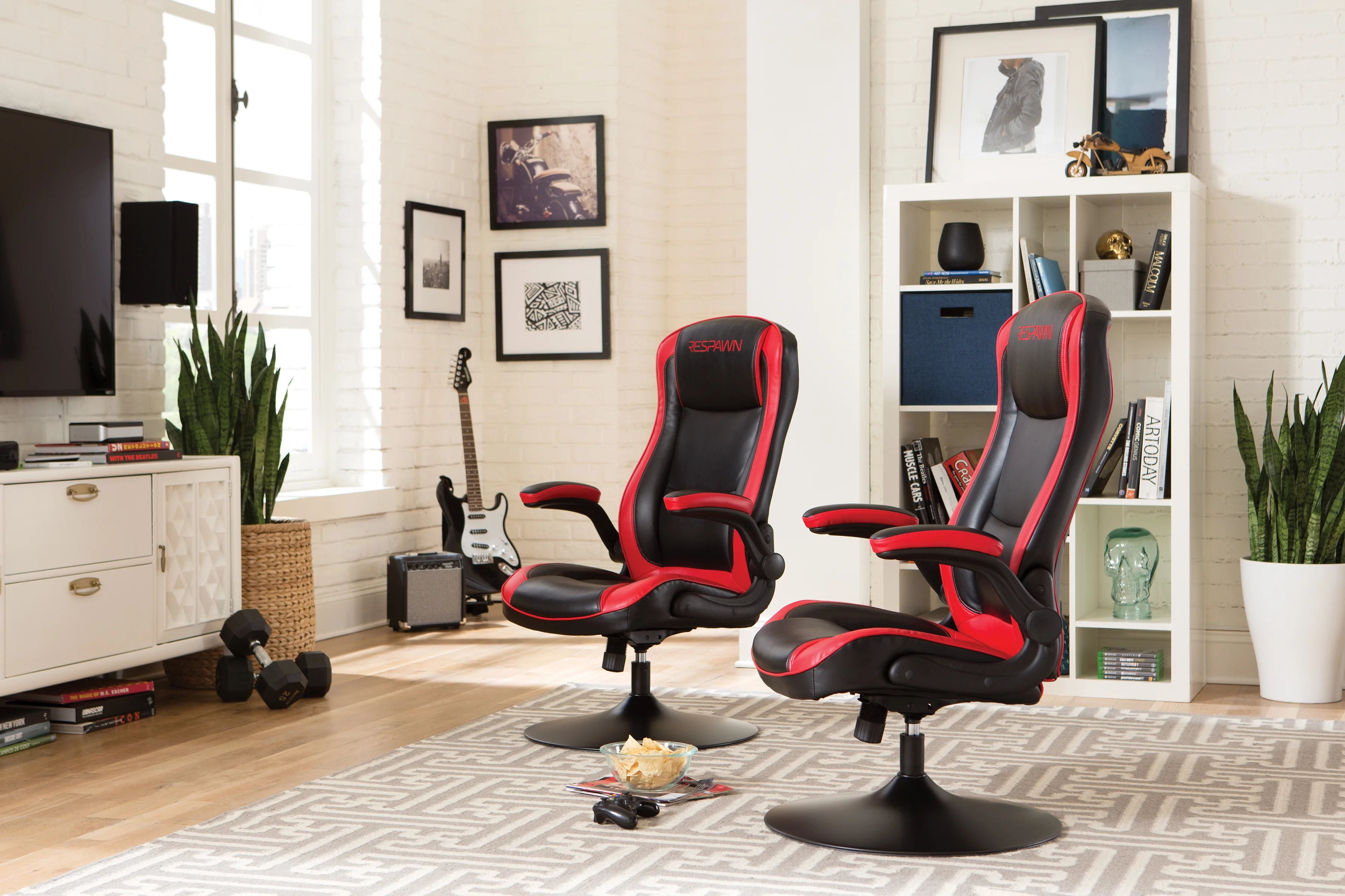 RESPAWN 800 Swivel Rocker Gaming Chair - Ergonomic Floor Gaming Seat with Lumbar Support, Flip Up Armrest, High Back, Pedestal Base, Comfortable No Wheels Console Video Game Rocker Chair - Red - Image 6