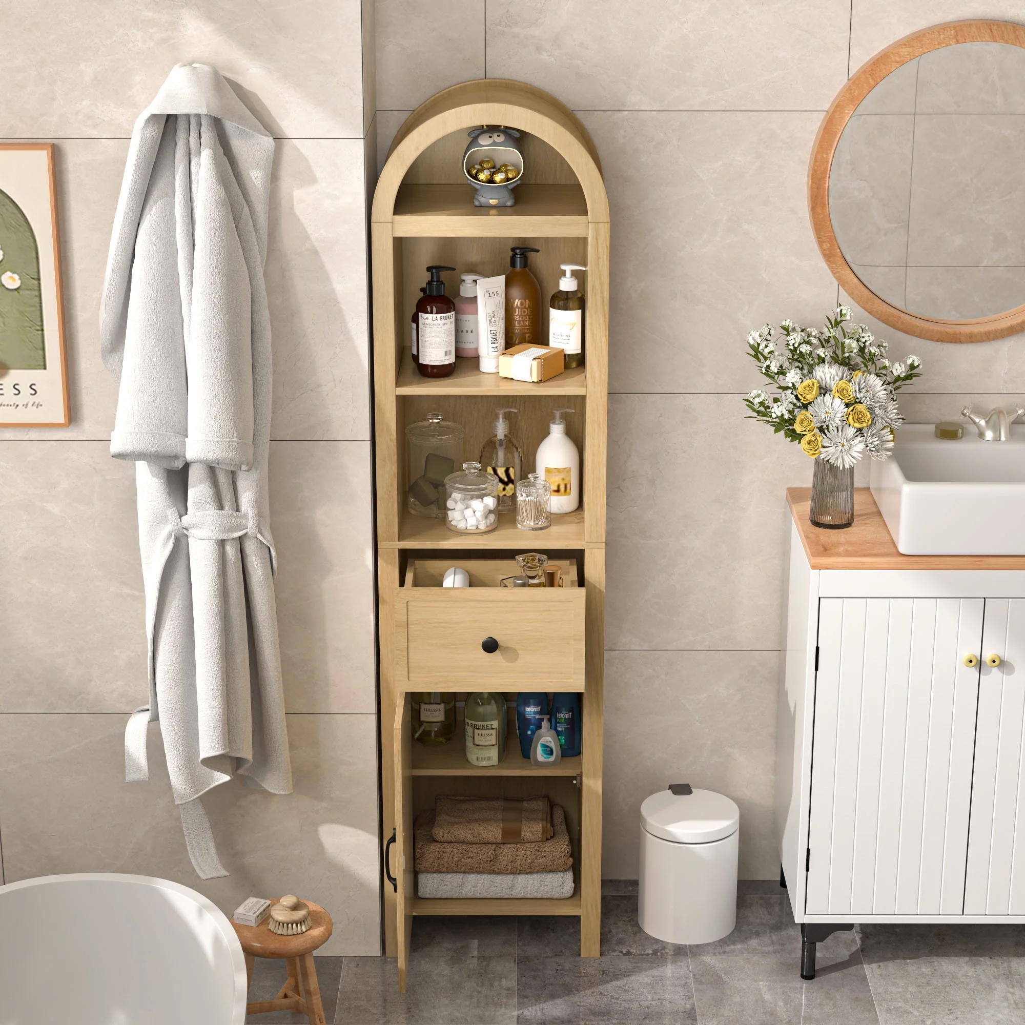 Fiogmub Tall Bathroom Storage Cabinets with Doors and Shelves, Narrow Tall Linen Cabinet with Drawer - Image 12