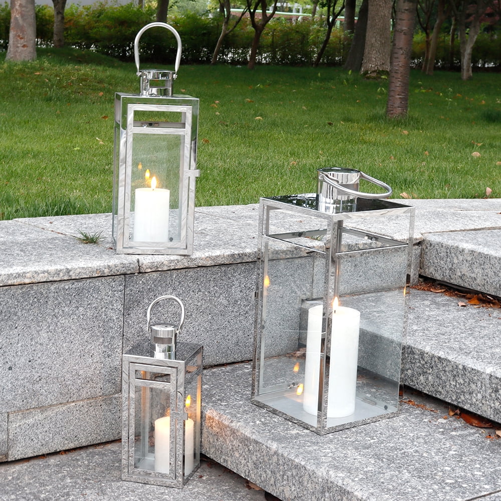 Stainless Steel Lantern Set of 3 12/15/19" Metal Lanterns with Tempered Glass for Parties & Events (Silver ) - Image 8