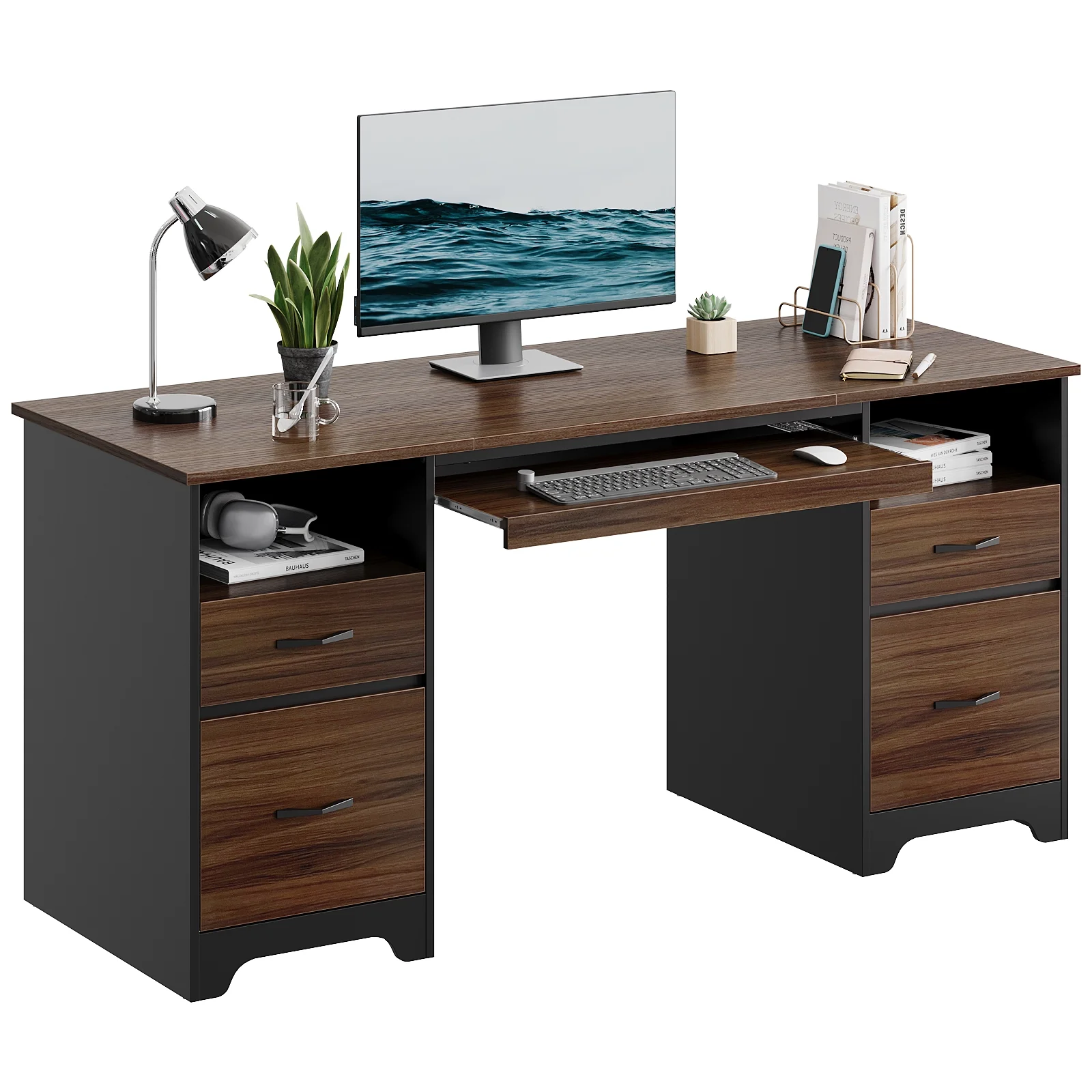 Bestier 59�� Computer Desk with 4 Drawers, Office Executive Desk with File Drawer, Keyboard Tray for Home Office, Gray - Image 16