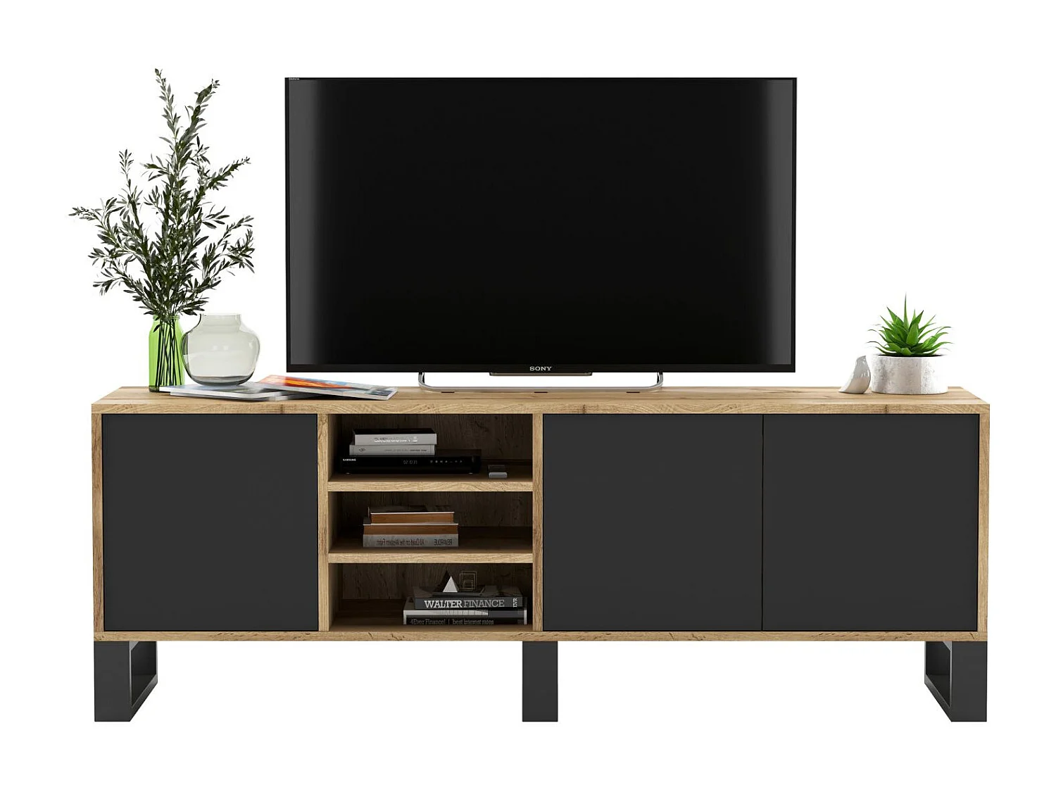 Meuble TV avec 3 portes et 1 niches - carcasse chêne wotan façades noir mat - 150 cm, pieds en métal