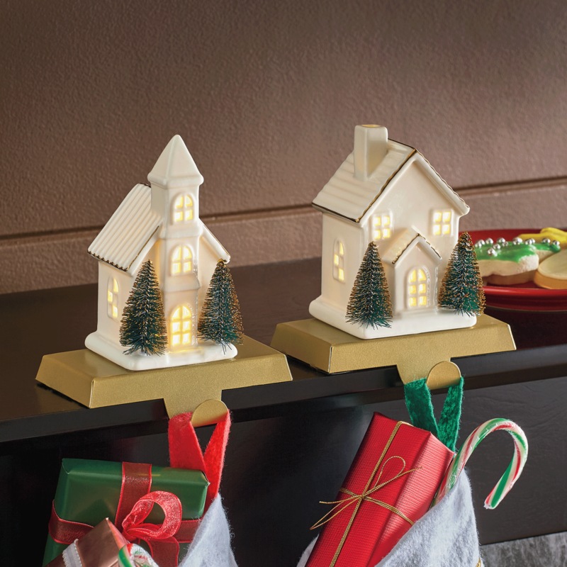 Set of 2 Lit Christmas Village Stocking Holders - MIDNIGHT VELVET CATALOG