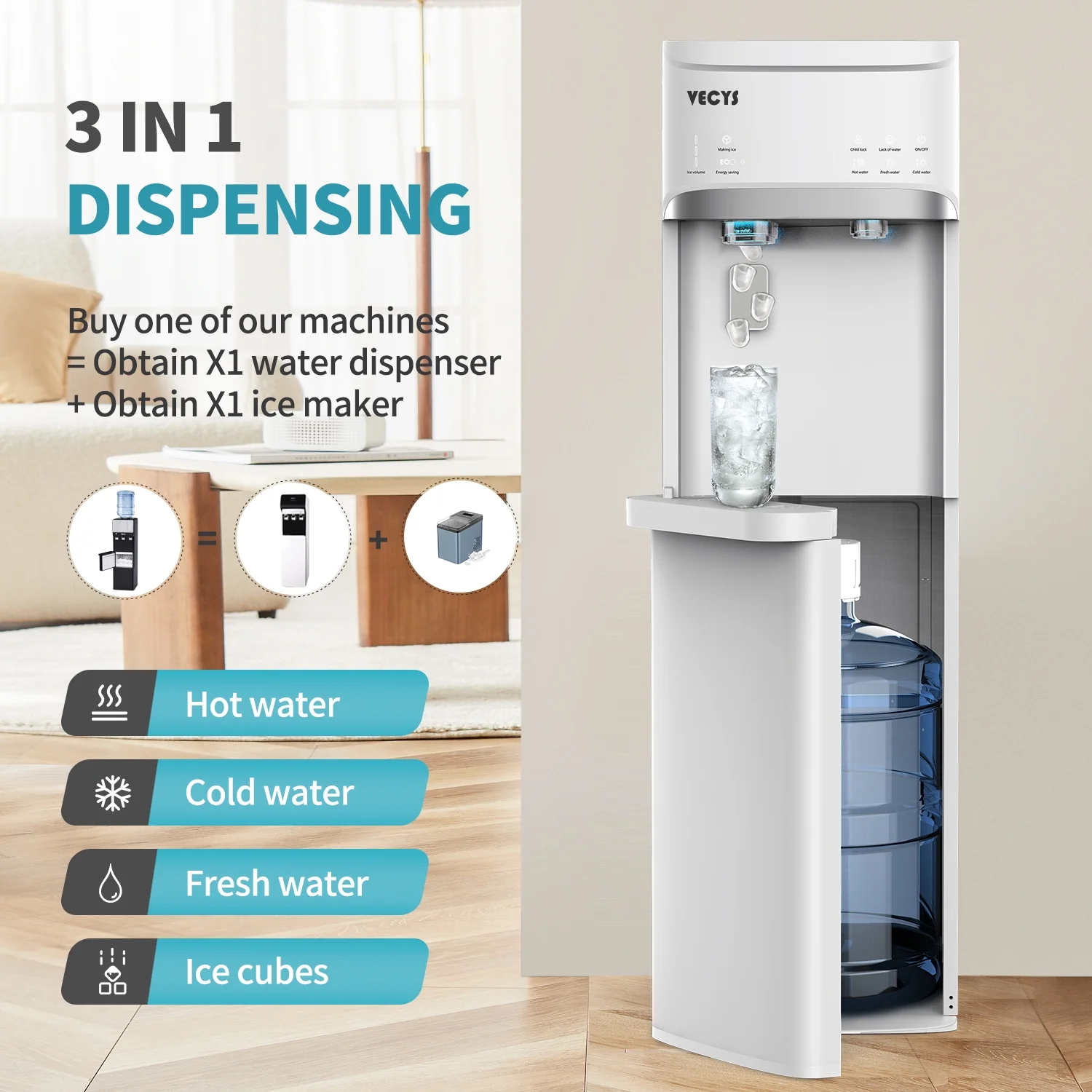 VECYS 5 gal Water Dispenser with Ice Maker, Self-clean & Child Lock - Image 9