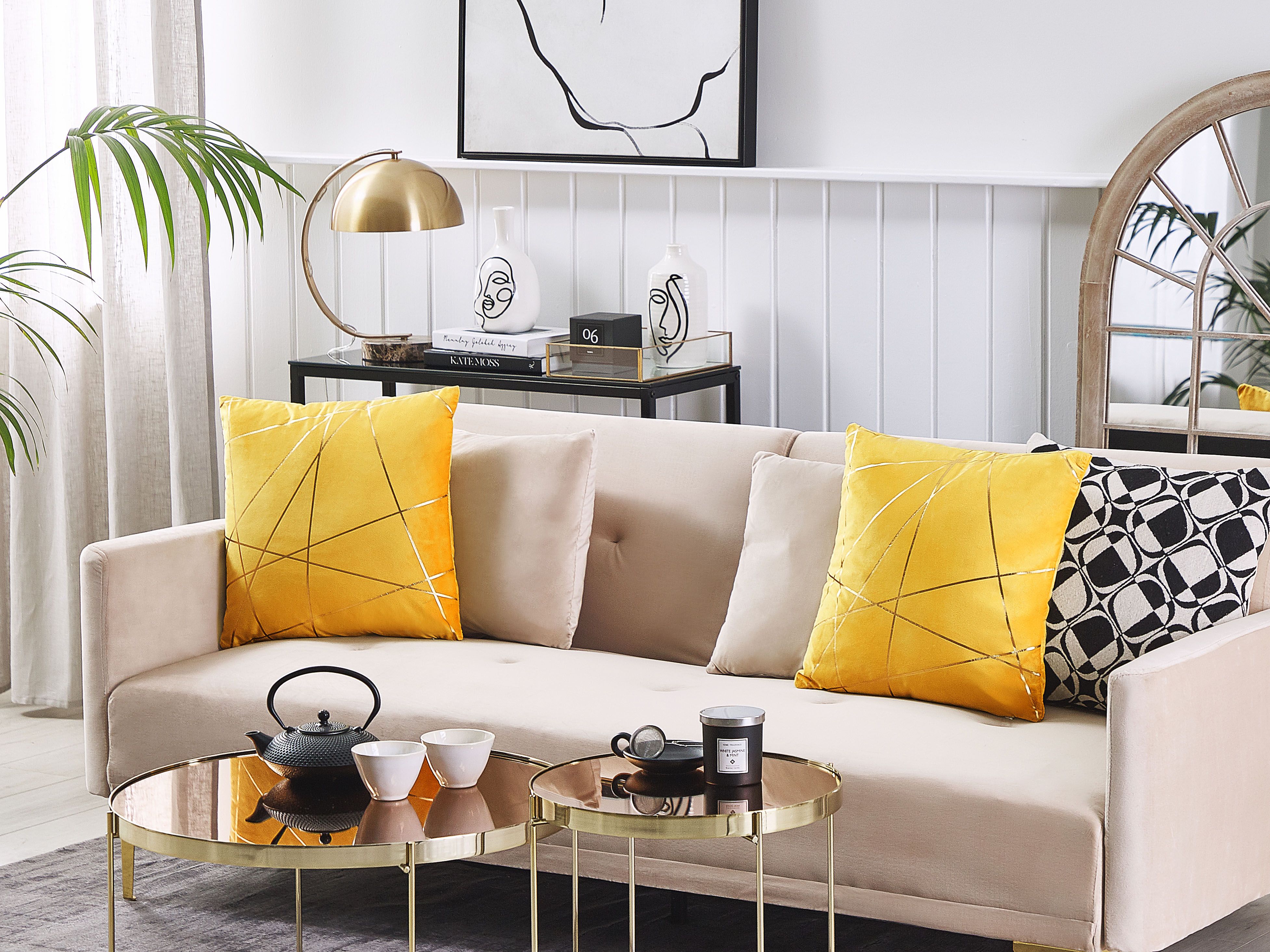 Set of 2 Decorative Cushions PINUS Velvet 45 x 45 cm Yellow Geometric Pattern