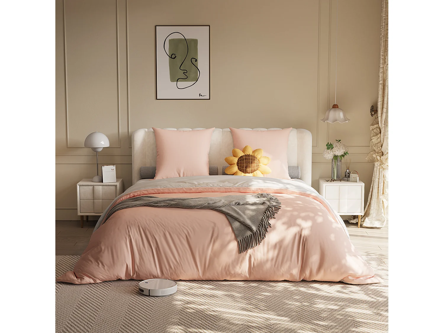 ensemble de literie 4 pièces,drap-housse 160x200x30 cm, housse de couette avec corde d'angle,2 taies d'oreiller, gris rose