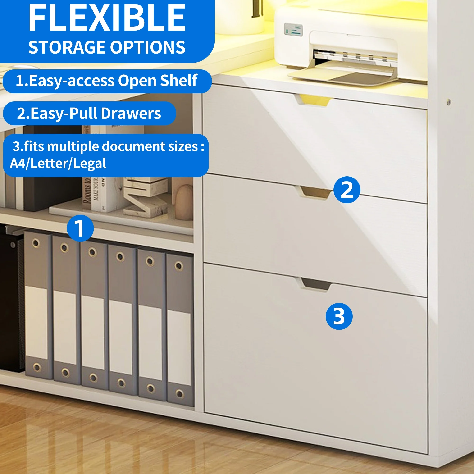 Dextrus L Shaped Desk with Power Outlets & LED Lights, Computer Desk with 3 Drawers and 3 Storage Shelves, White Office Desk Corner Desk for Home Office - Image 6