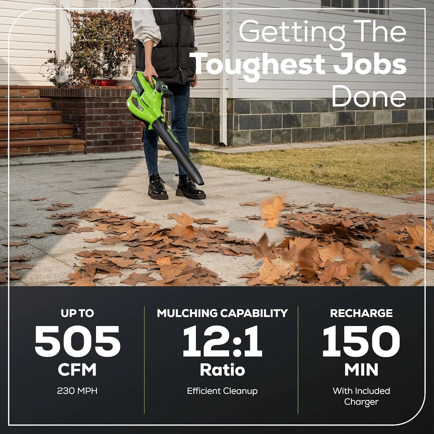 Greenworks 40V Cordless Brushless Leaf Blower Vacuum With Bag, 230 MPH, 505 CFM, 5.0Ah Battery And Charger - Image 3 Greenworks 40V Cordless Brushless Leaf Blower Vacuum With Bag, 230 MPH, 505 CFM, 5.0Ah Battery And Charger - Image 3