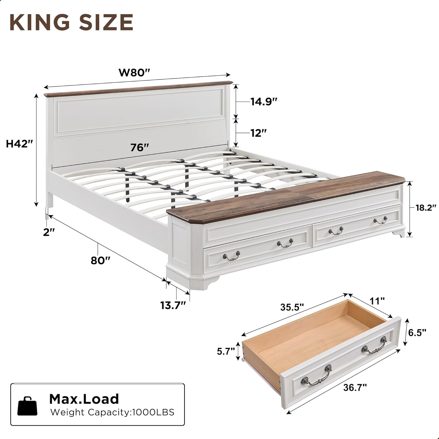 T4TREAM Farmhouse King Bed with Headboard and Storage Bench, Rustic Wood Platform Bed with 80