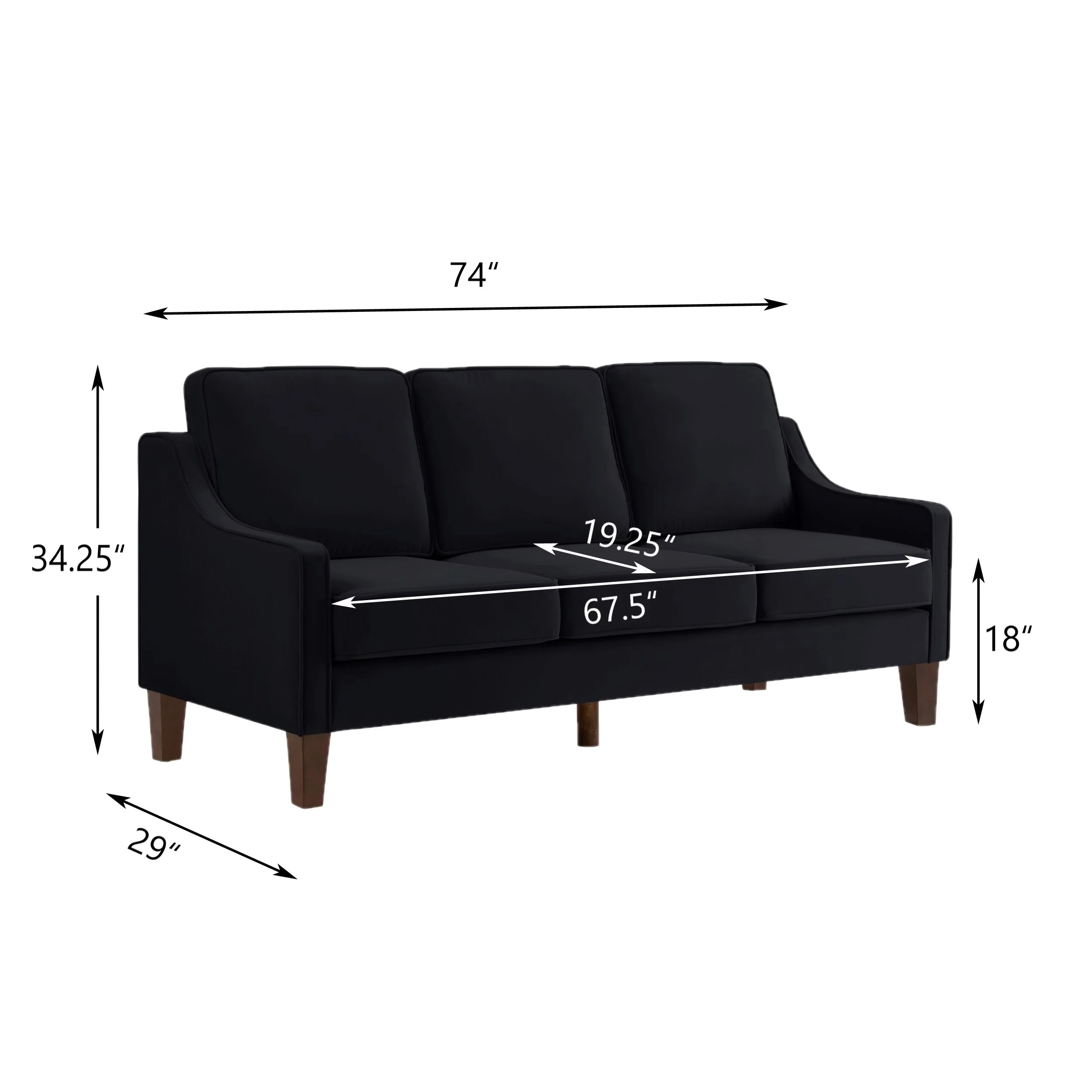 Living Room Sofas Modern 3 Person seat Sofa Couch with Scooped Armrest/Wood legs,Upholstered Velvet 3-seat Sofa with Removable Cushions for Livingroom Bedroom,Black,Comfortable Sofas - Image 11