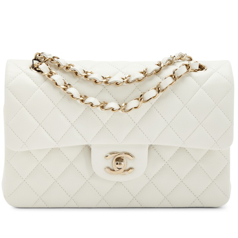 Chanel Classic Double Flap Bag - White Caviar Leather with Gold Hardware - COZYMIZE