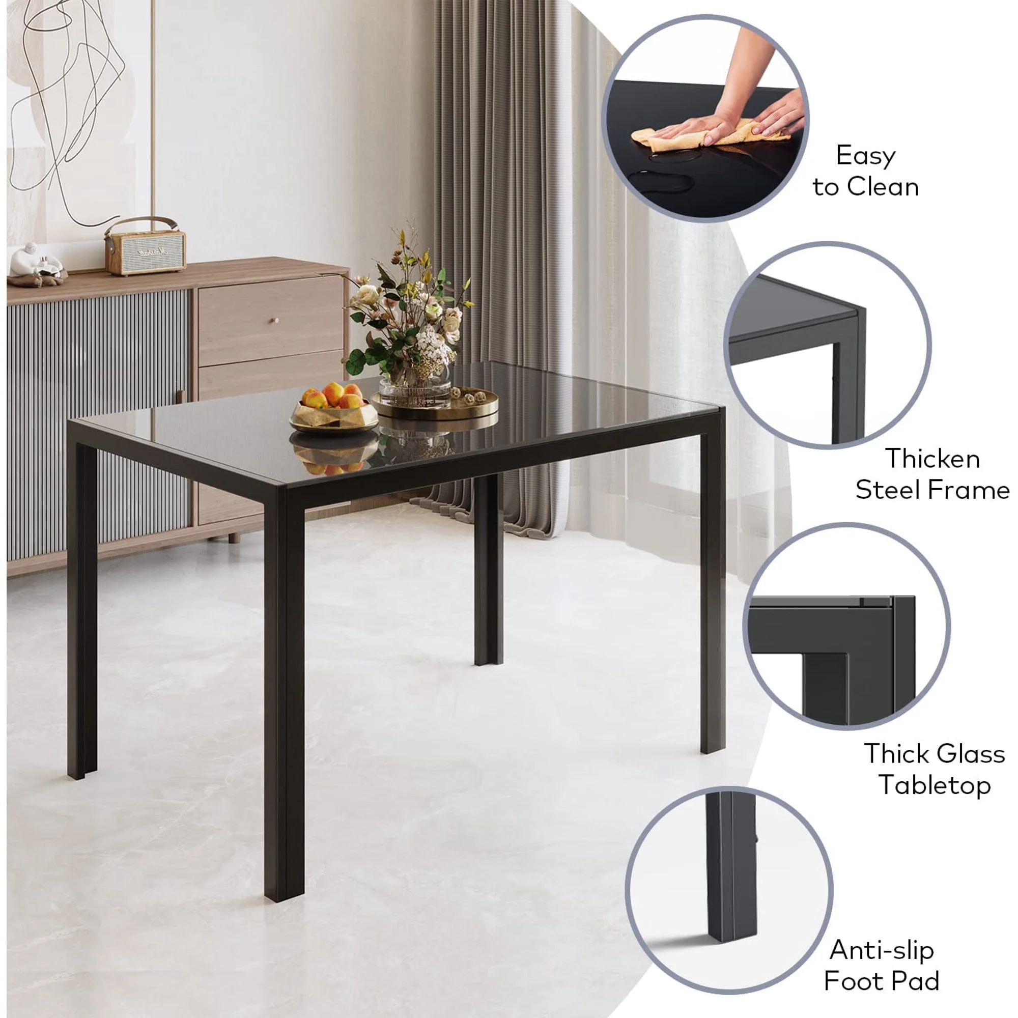 Aiho Modern Dining Table Sets with PU Leather Chairs for 6 for Home, Kitchen, Living Room, Restaurant, Small Space , Black