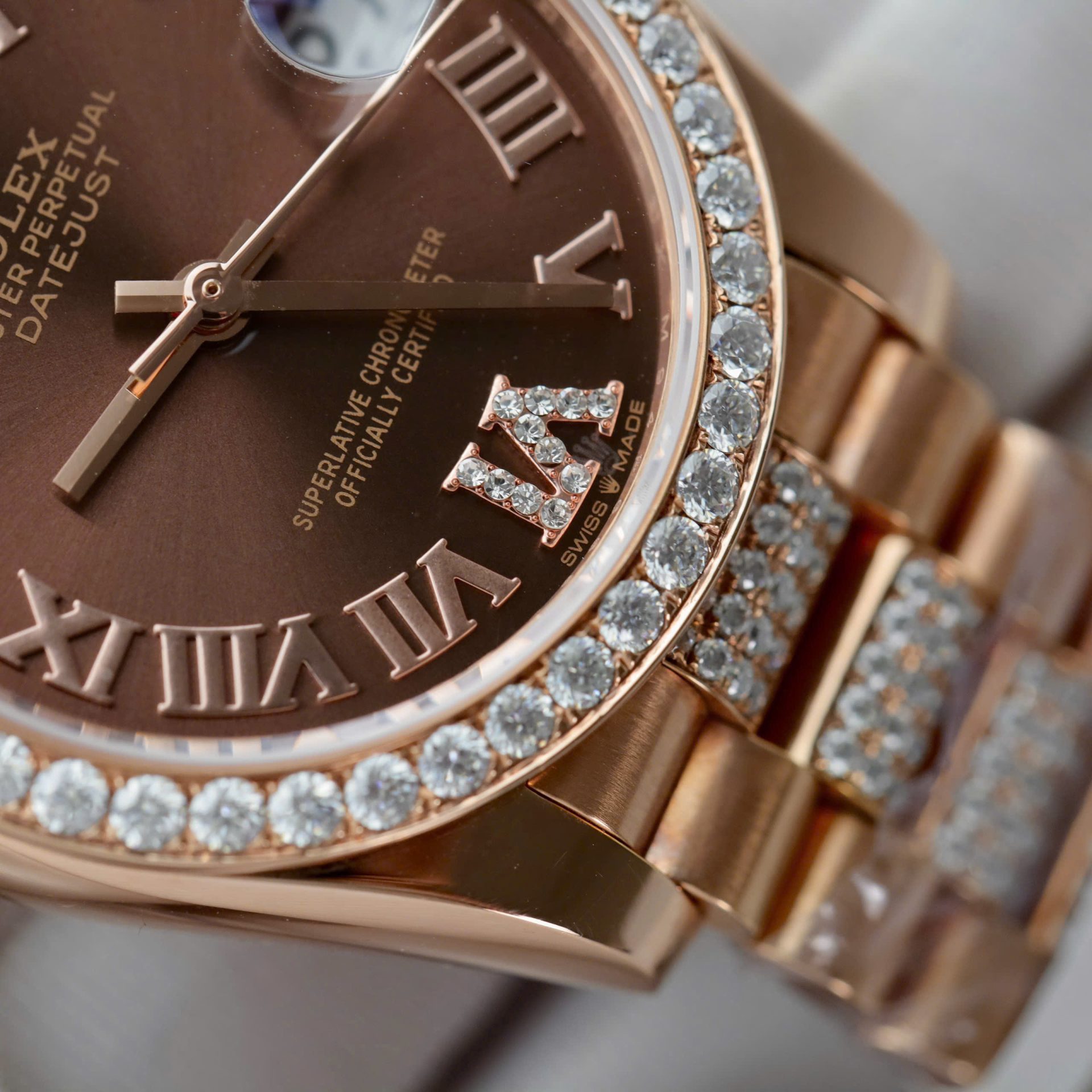 Rolex DateJust Women Dial Chocolate Copies Watches Custom Moissanite Diamonds + 18K Gold Wrapped 31mm - Elite Watch Atelier