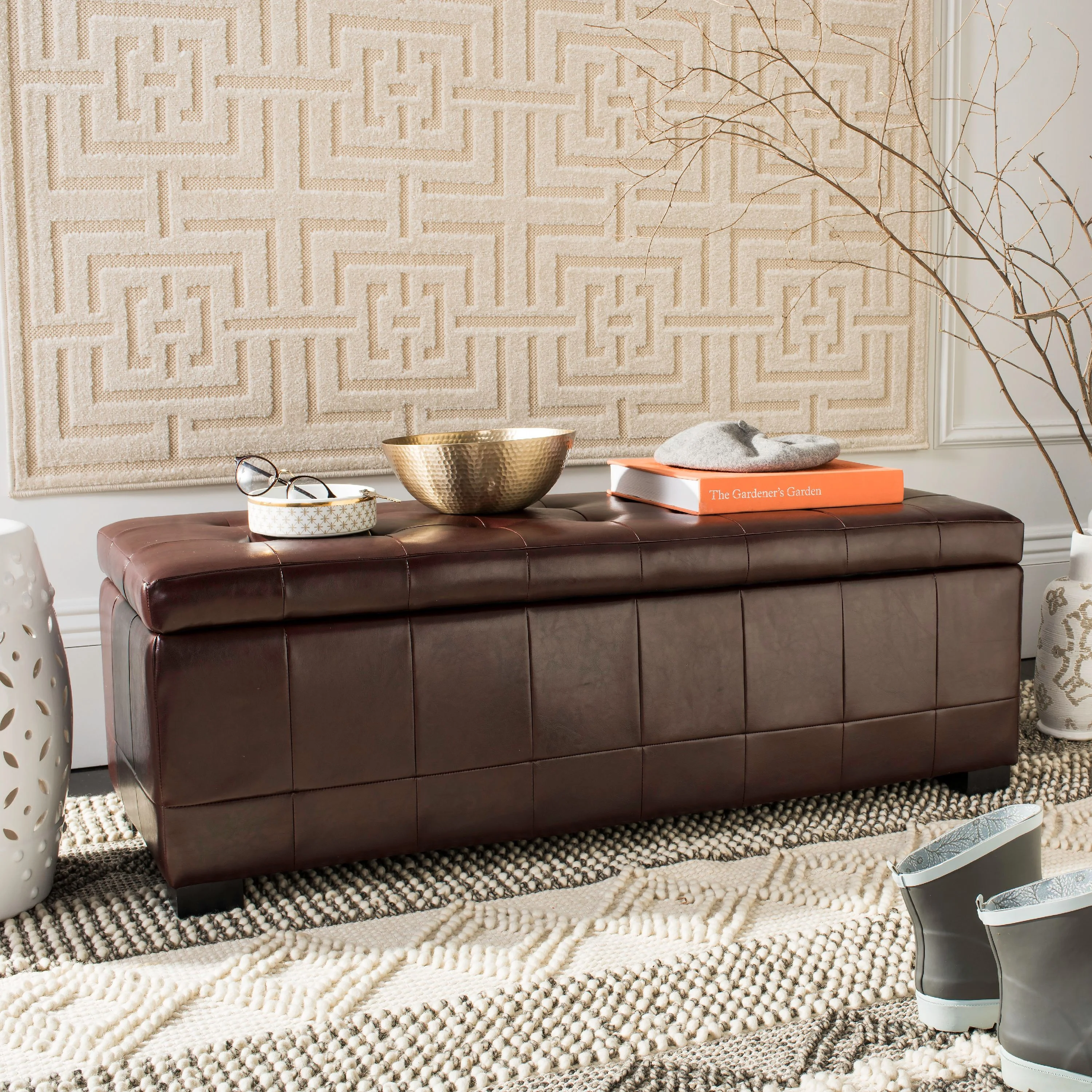 SAFAVIEH Large Manhattan Rustic Tufted Storage Bench, Brown - Image 2