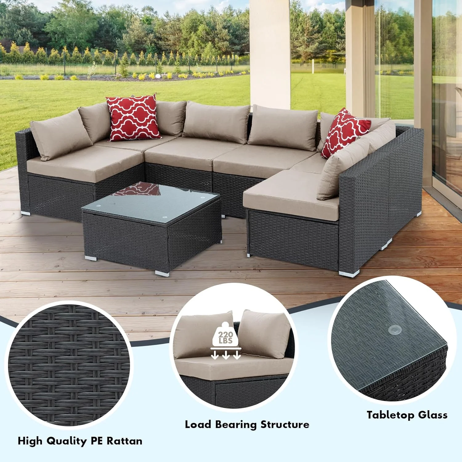 7 Piece Patio Furniture Sets Outdoor Sectional PE Rattan Outdoor Furniture Patio Conversation Set with Cushions and Glass Coffee Table, for Balcony Lawn and Garden, Gray - Image 23