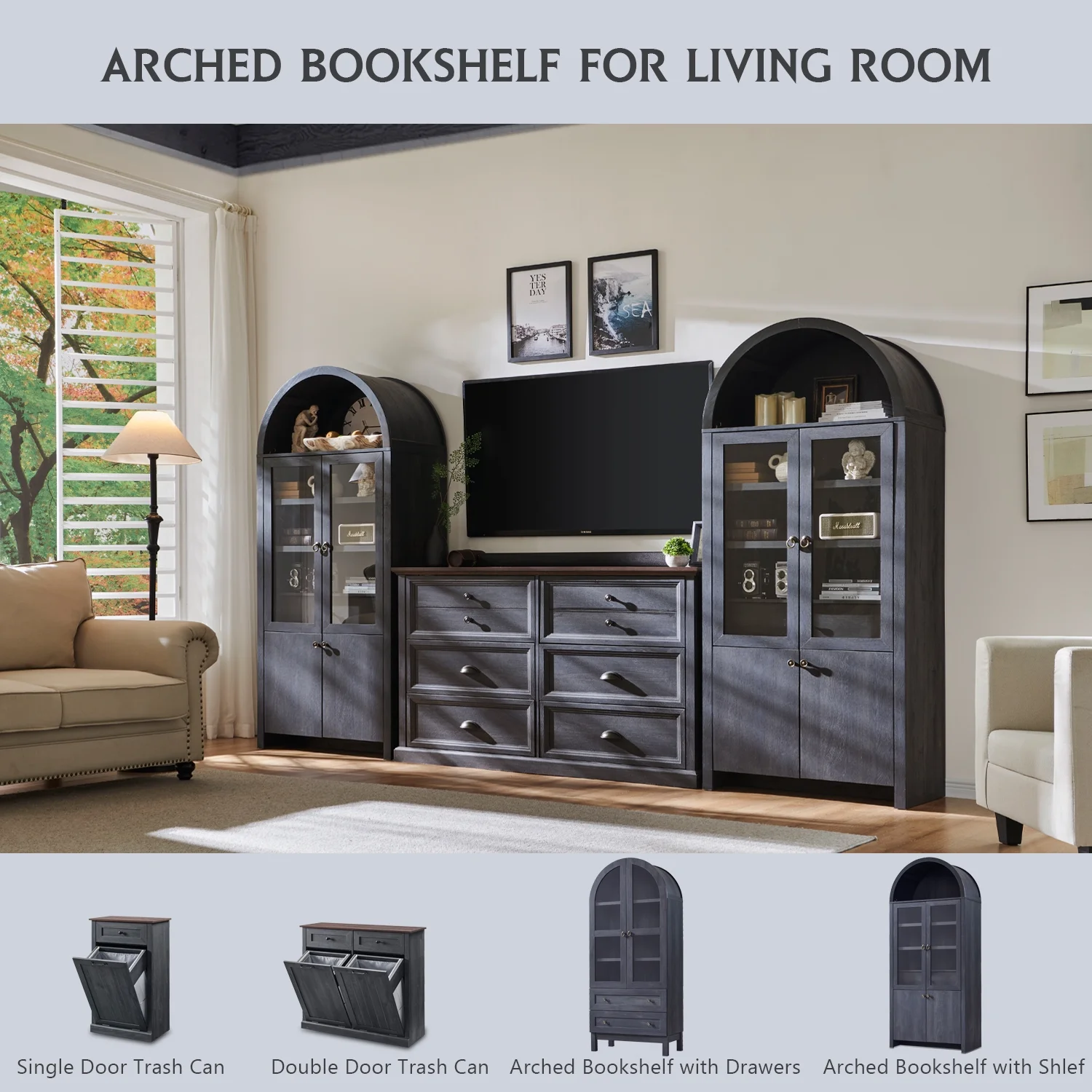 IFGET 71-Inch Arched 4-Tier Bookcase with Glass Doors and Drawers - Image 57