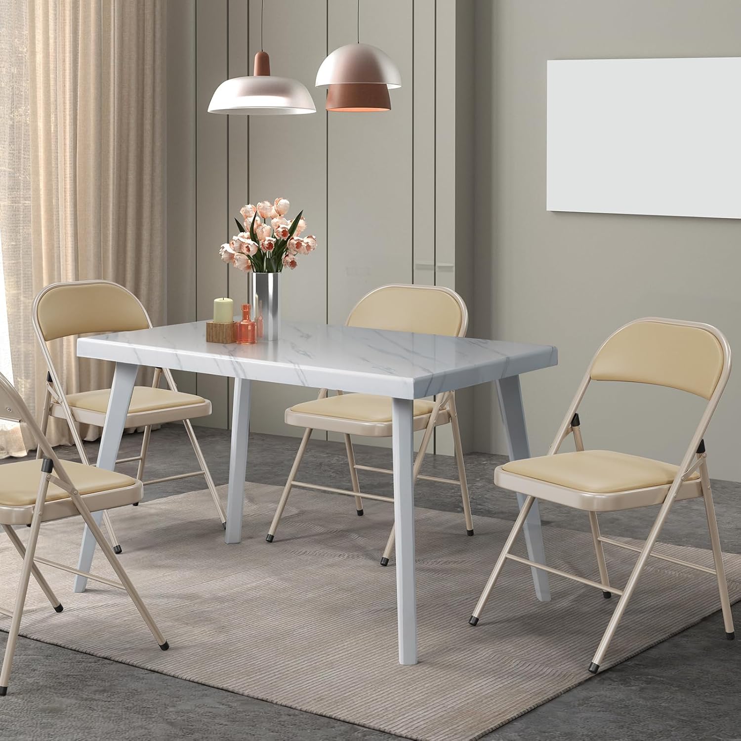 VINGLI 6 Pack Folding Chairs with Padded Seats, Metal Frame with Pu Leather Seat & Back, Capacity 350 lbs, Set of 6, Khaki