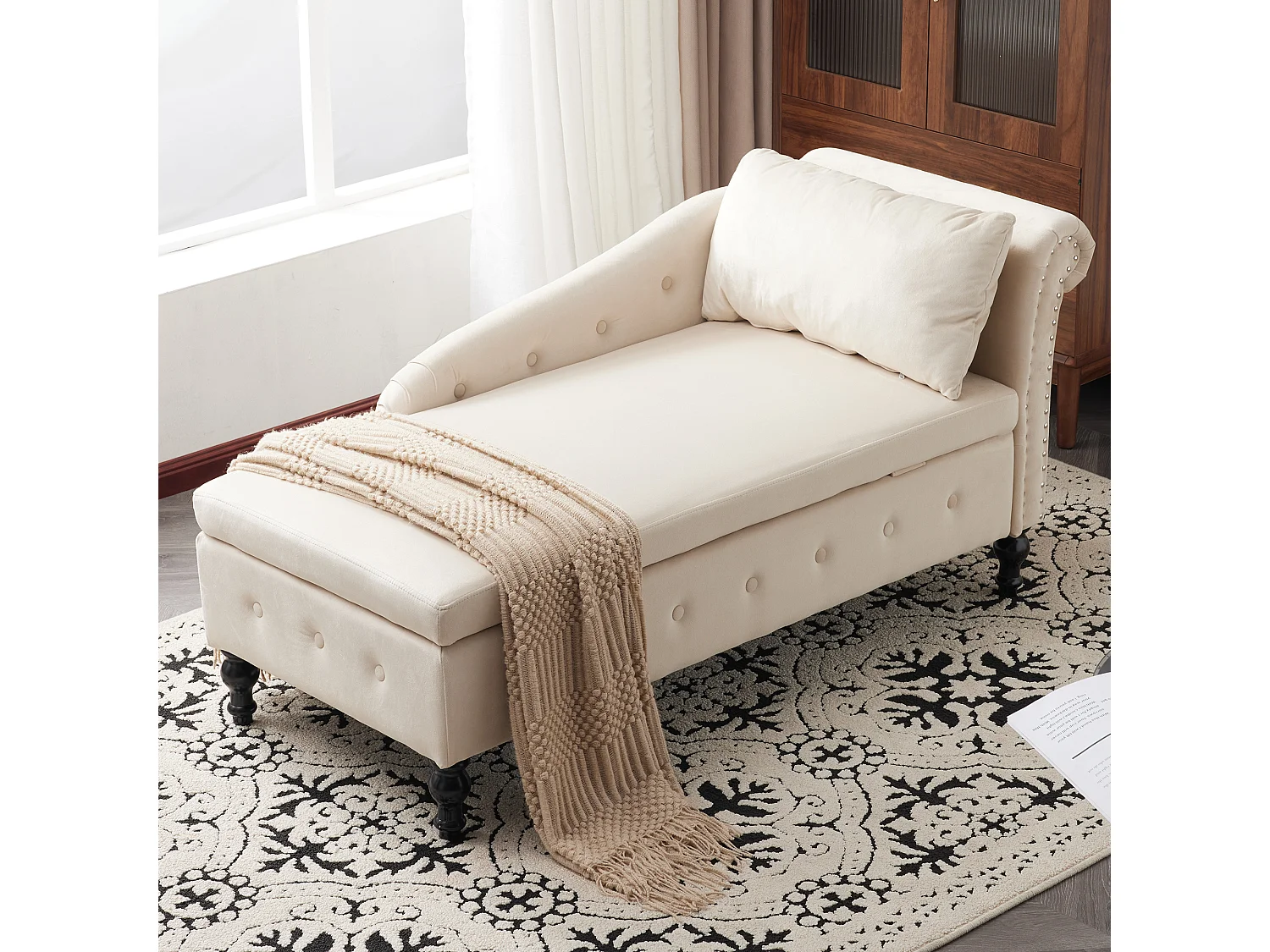 Canapé méridienne pour salon - 144 x 62 x 69 cm - avec rangement + coussins + accoudoir droit - velours - beige