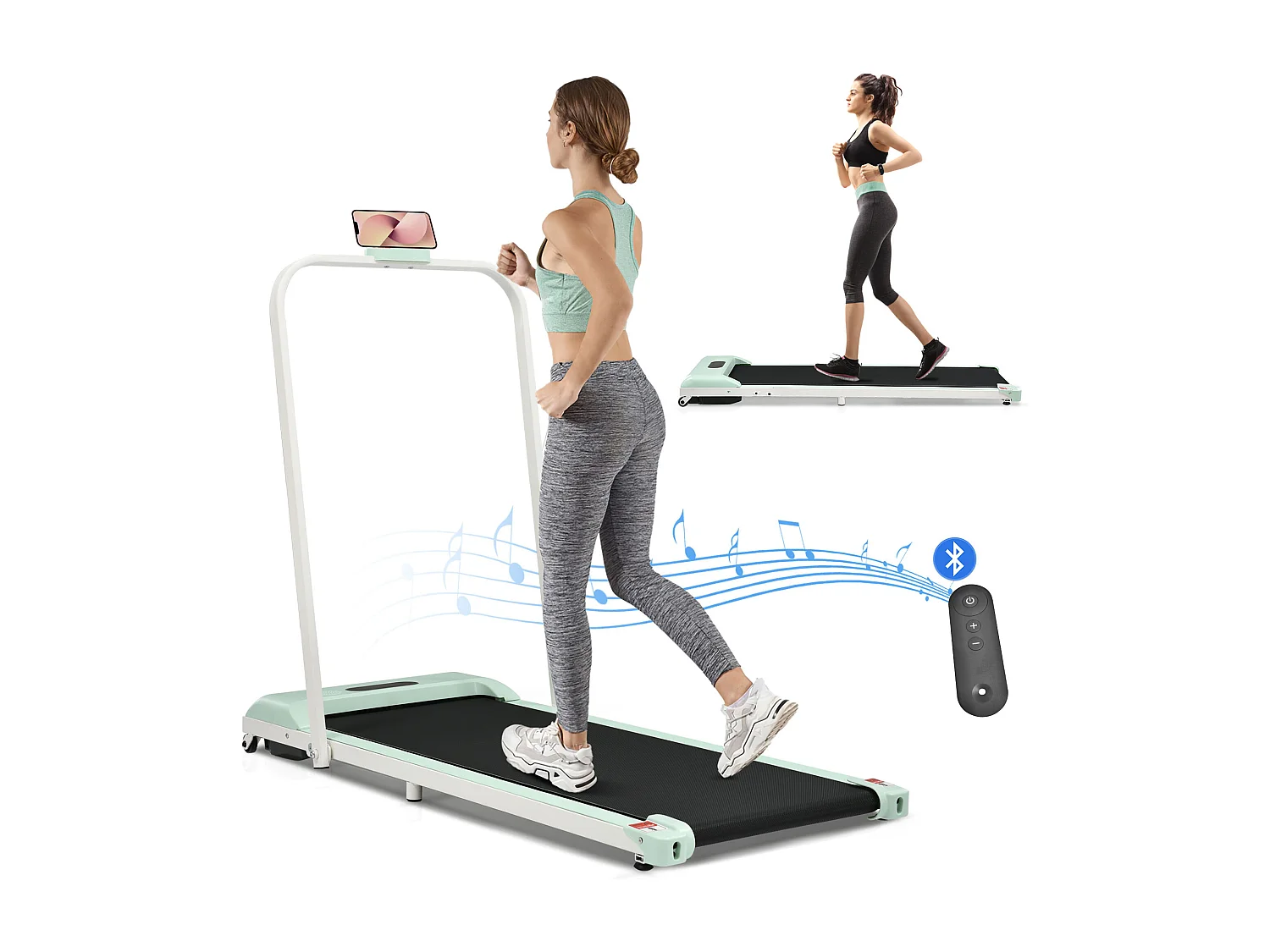 Tapis course pliable 2-en-1, télécommande, 1-6km/h, écran LED, haut-parleur Bluetooth, support téléphone, métal vert (130x58x13cm)