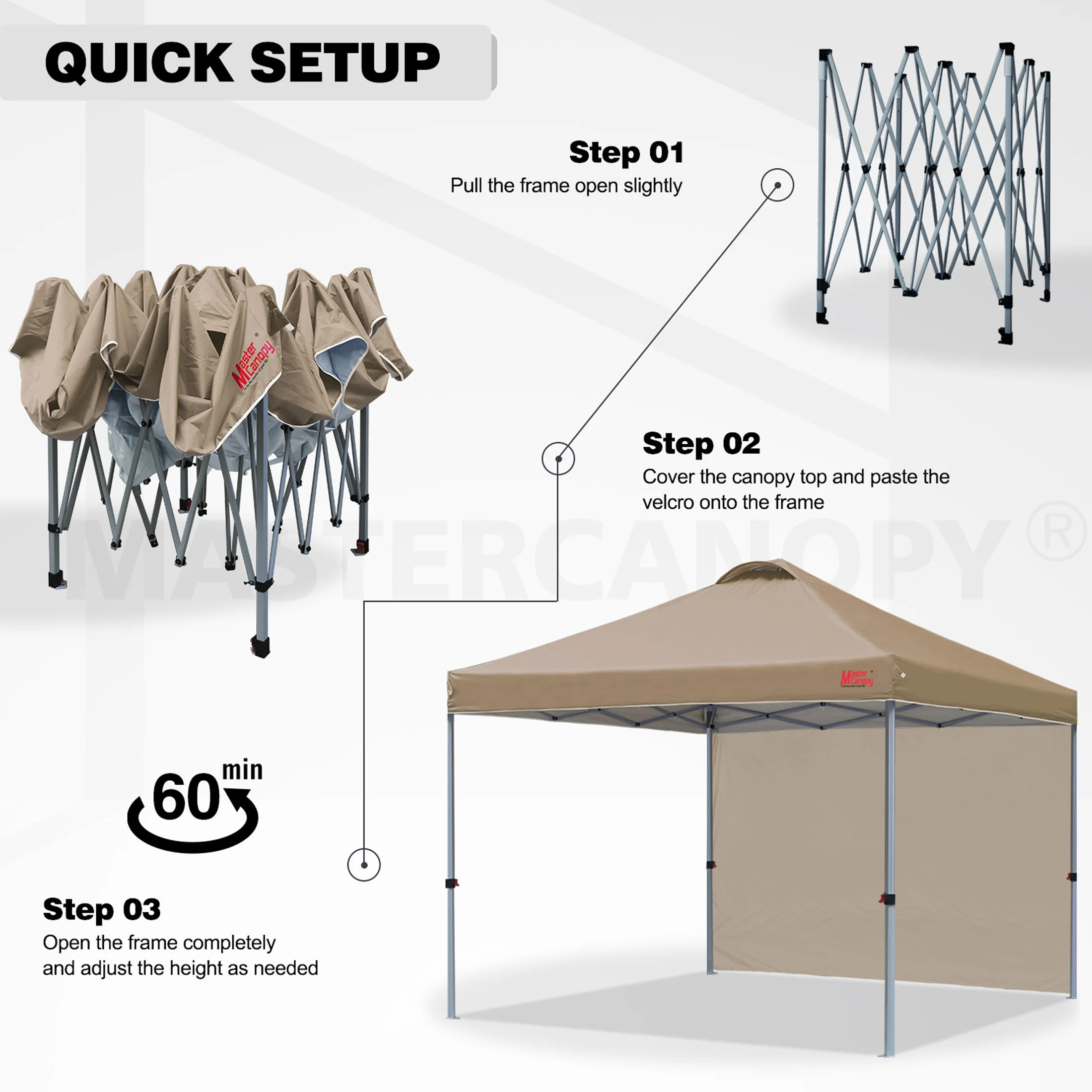 MASTERCANOPY 10' x 10' Easy Pop-up Canopy Tent Outdoor Shade Shelter with 1 Sidewall, White - Image 41