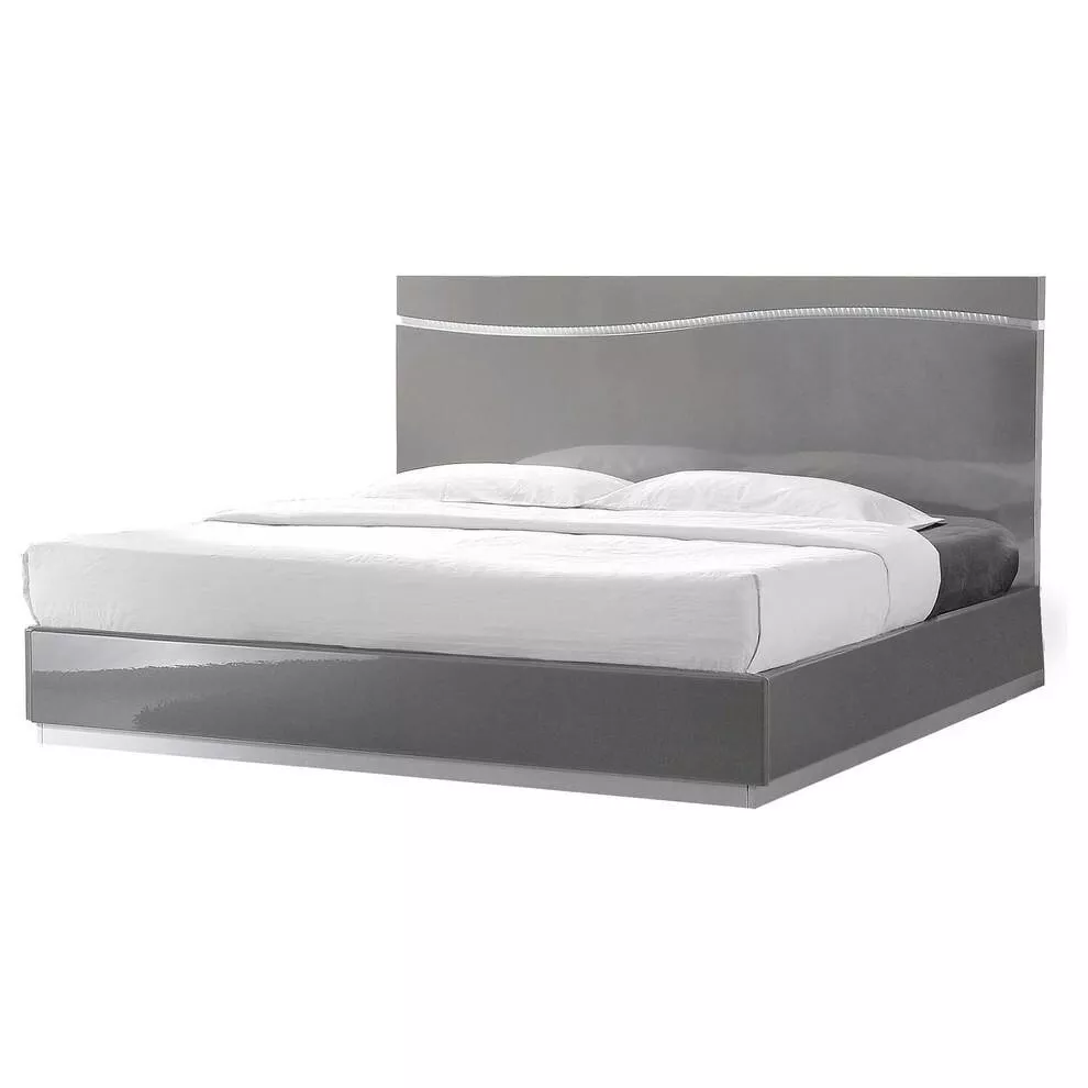 4-Piece Eastern King Size Modern Bedroom Furniture Set, LED Light, Gray Lacquer Finish with Silver Base