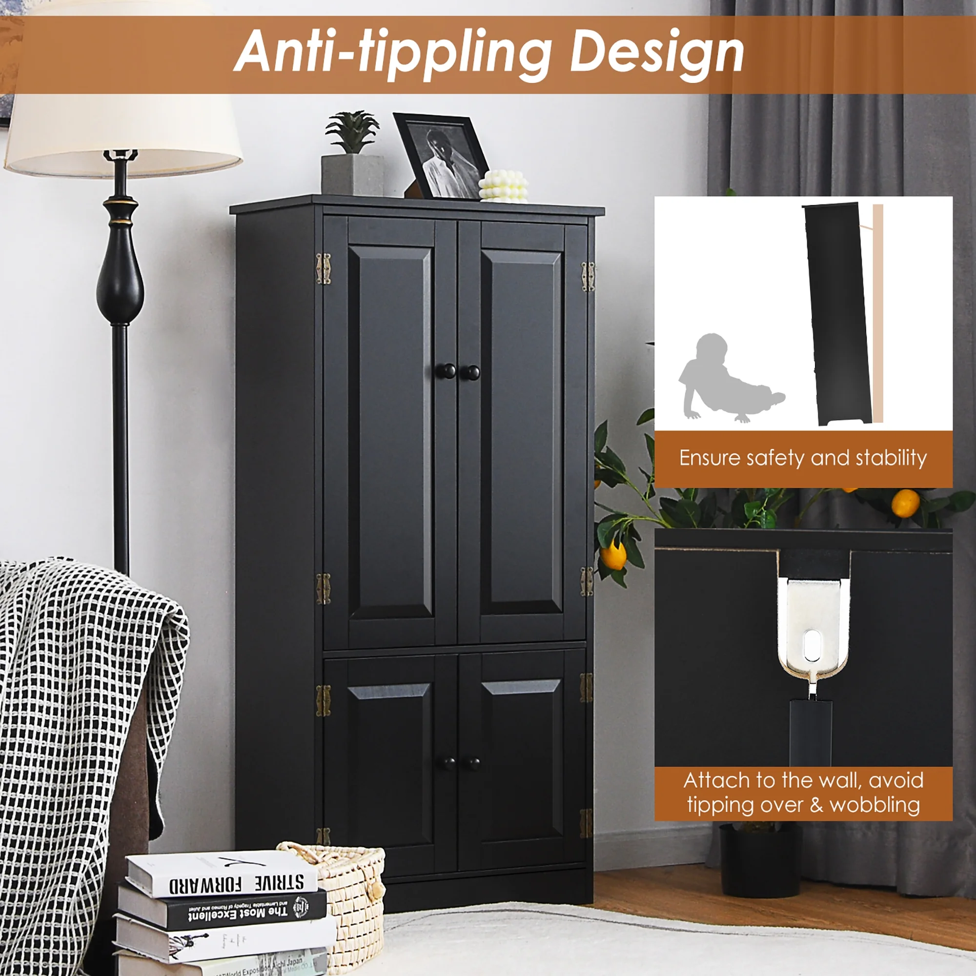 Costway Accent Floor Storage Cabinet W/ Adjustable Shelves Antique 2-Door Cream White - Image 19