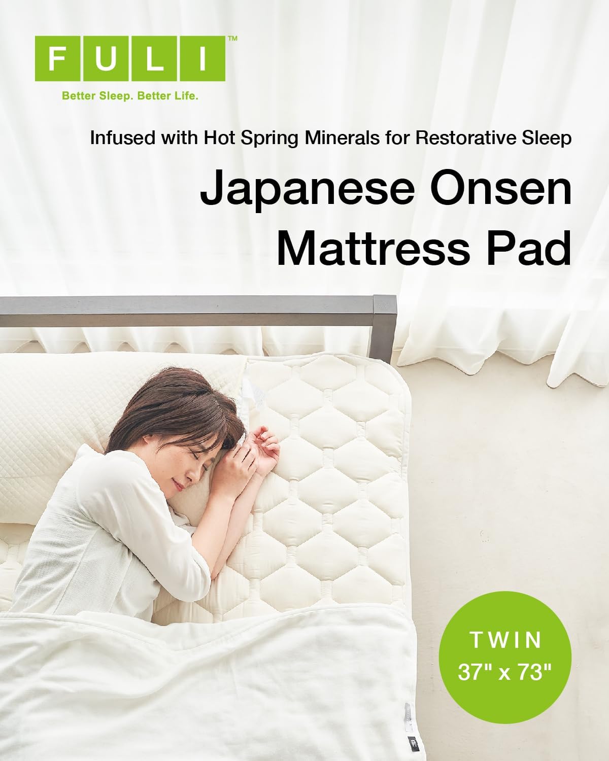 FULI Mattress Pad Infused with Restorative Japanese Onsen Minerals for Better Sleep, Rejuvenating Anti-Aging Hormesis Hot Spring Mattress Topper, Made in Japan - Twin Size (37.4