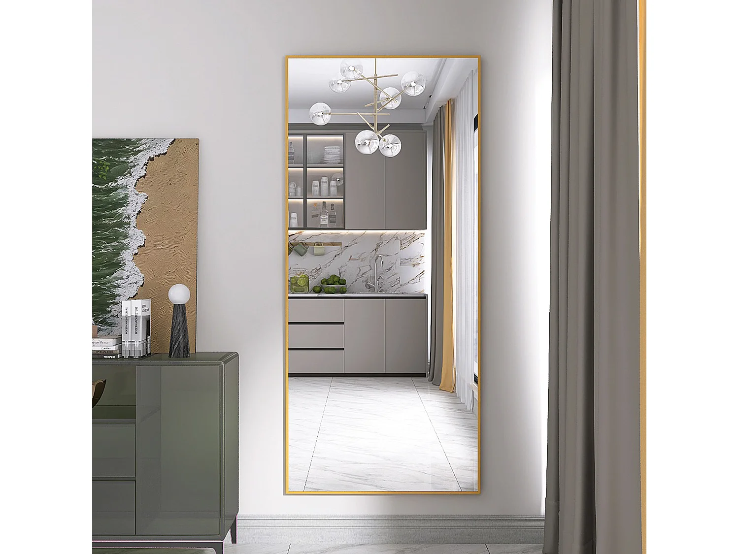 Miroir carrosserie entière suspendu sur mur - 180 x 80 cm Rectangle Miroir pleine longueur - avec cadre en aluminium - Or