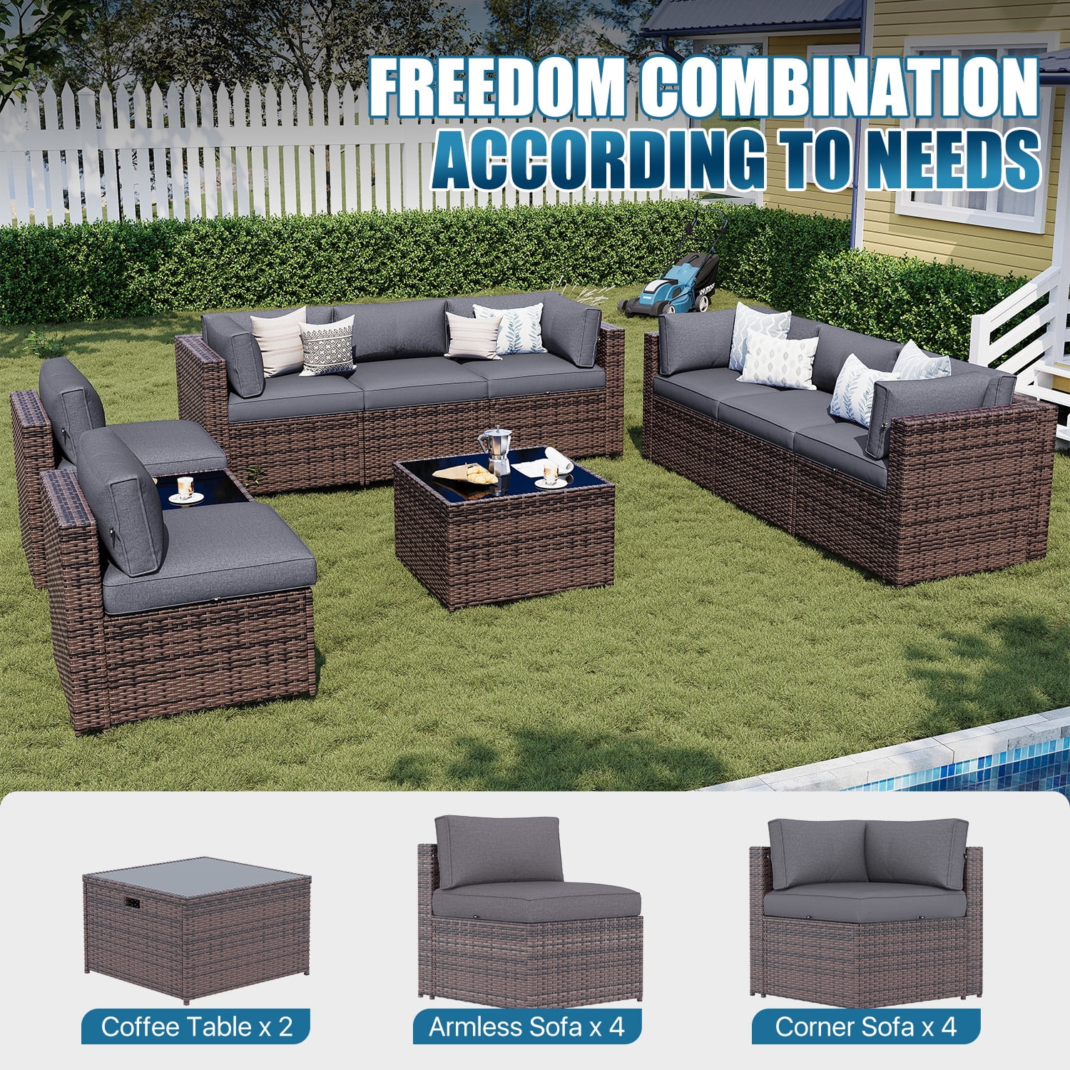 Sunmthink Patio Furniture Sets, 10-Piece Outdoor Patio Furniture with Thick Cushions, Wicker Outdoor Conversation Set and Waterproof Cover for Backyard, Poolside, Garden - Image 6