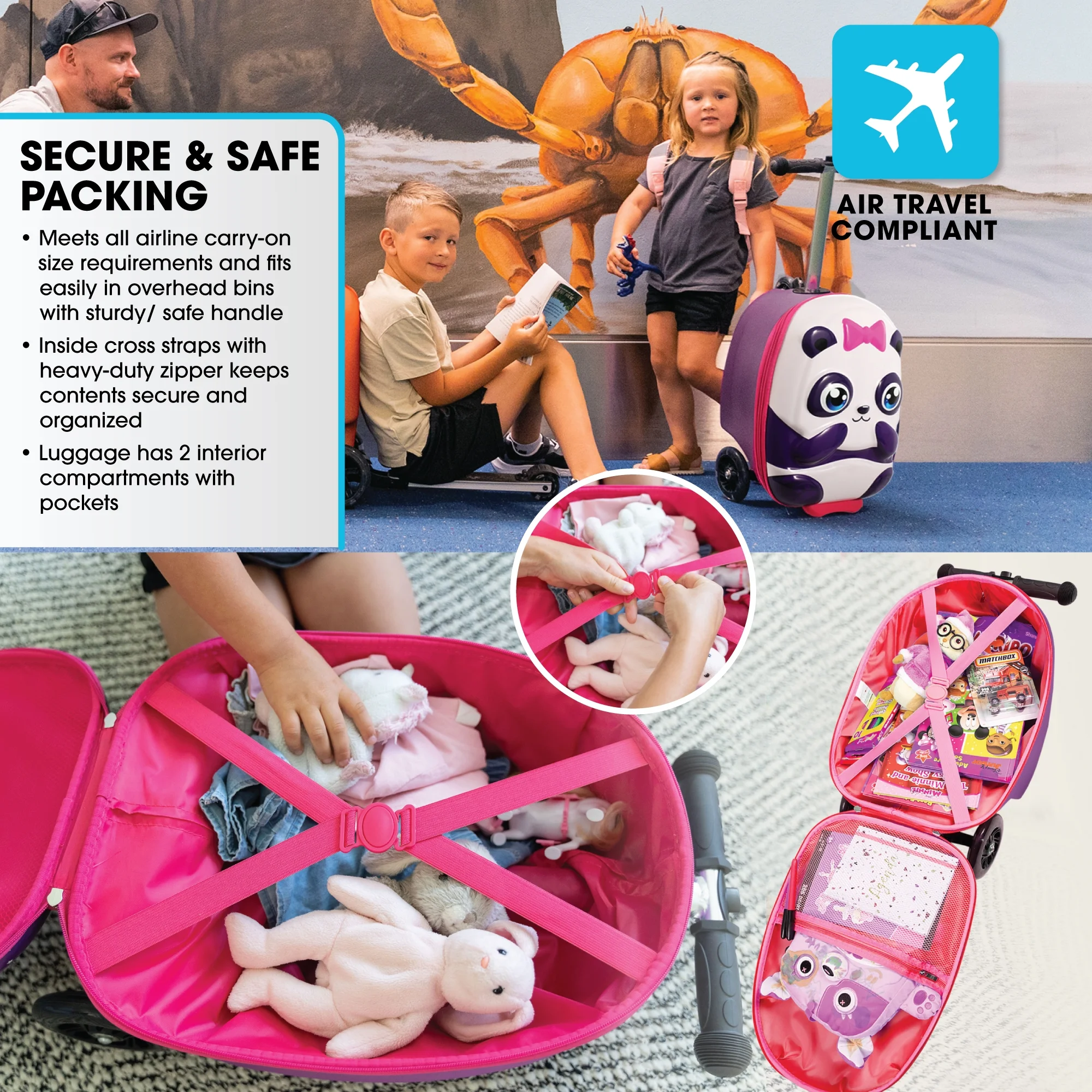 Kiddietotes Kid's Hard Shell Scooter Ride On Suitcase, Pink - Image 39