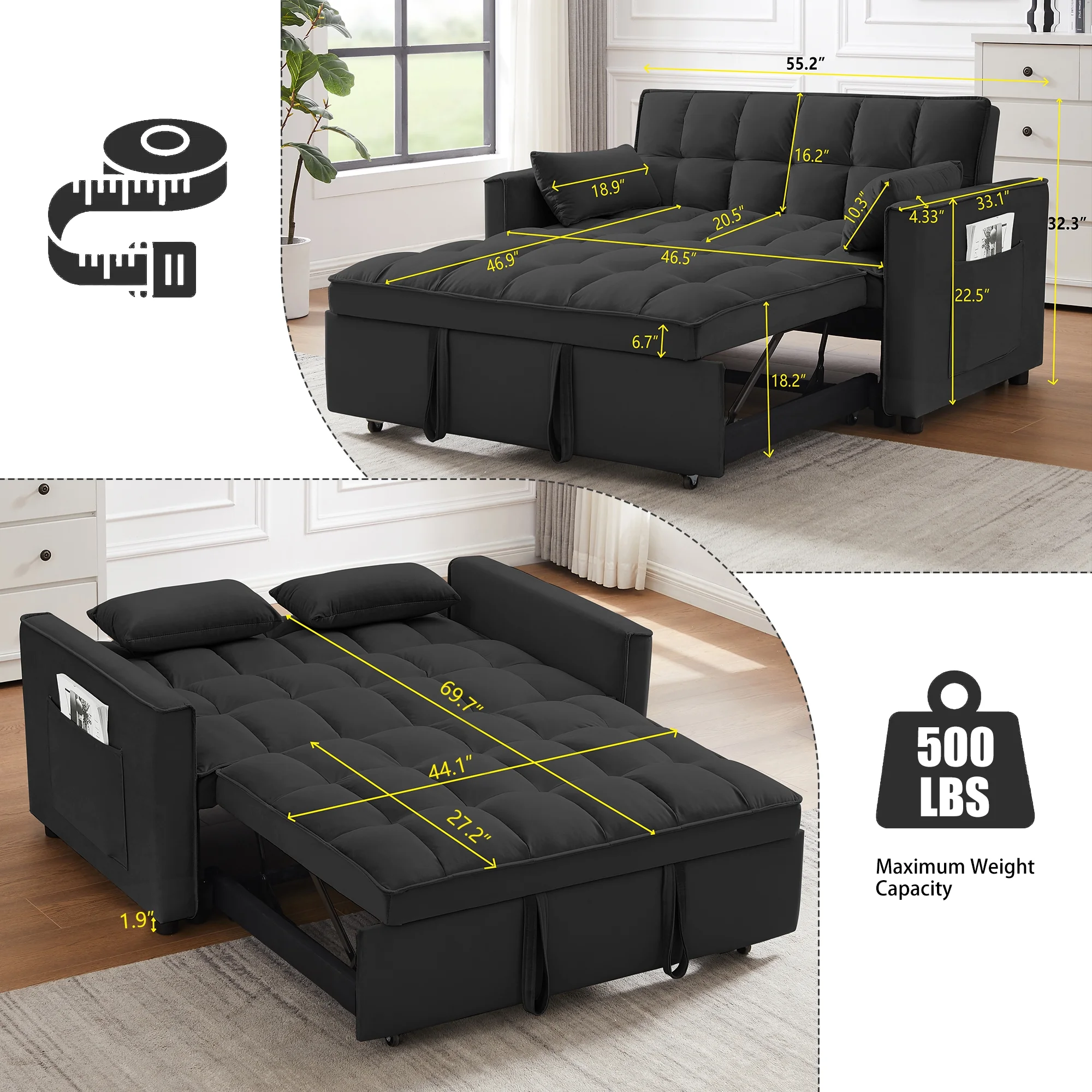 Convertible Sofa Bed,3-in-1 Sleeper Sofa with Pull Out Bed,Velvet Highly Elastic Sponge Futon Couch Loveseat with Adjustable Backrest and 2 Pillows for Living Room,Gray - Image 20
