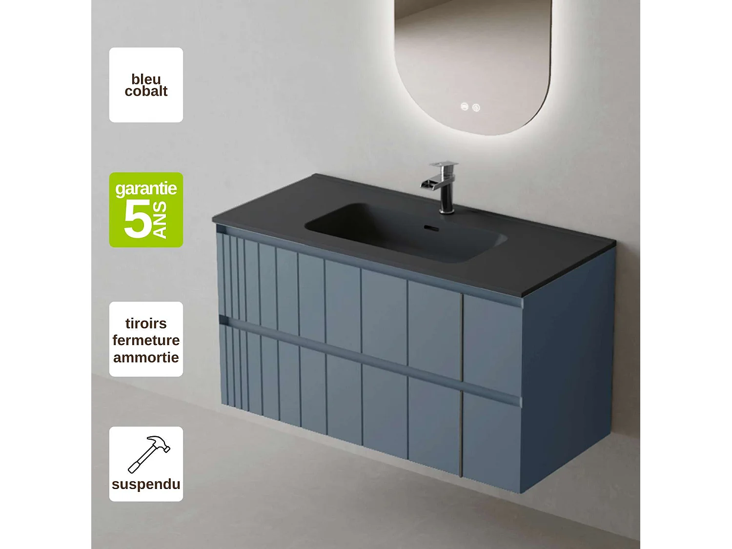 Meuble Salle de Bain POLE 80cm, Plan Vasque Céramique, 2 Tiroirs, Laqué Bleu Cobalt, H 54cm x P 45cm