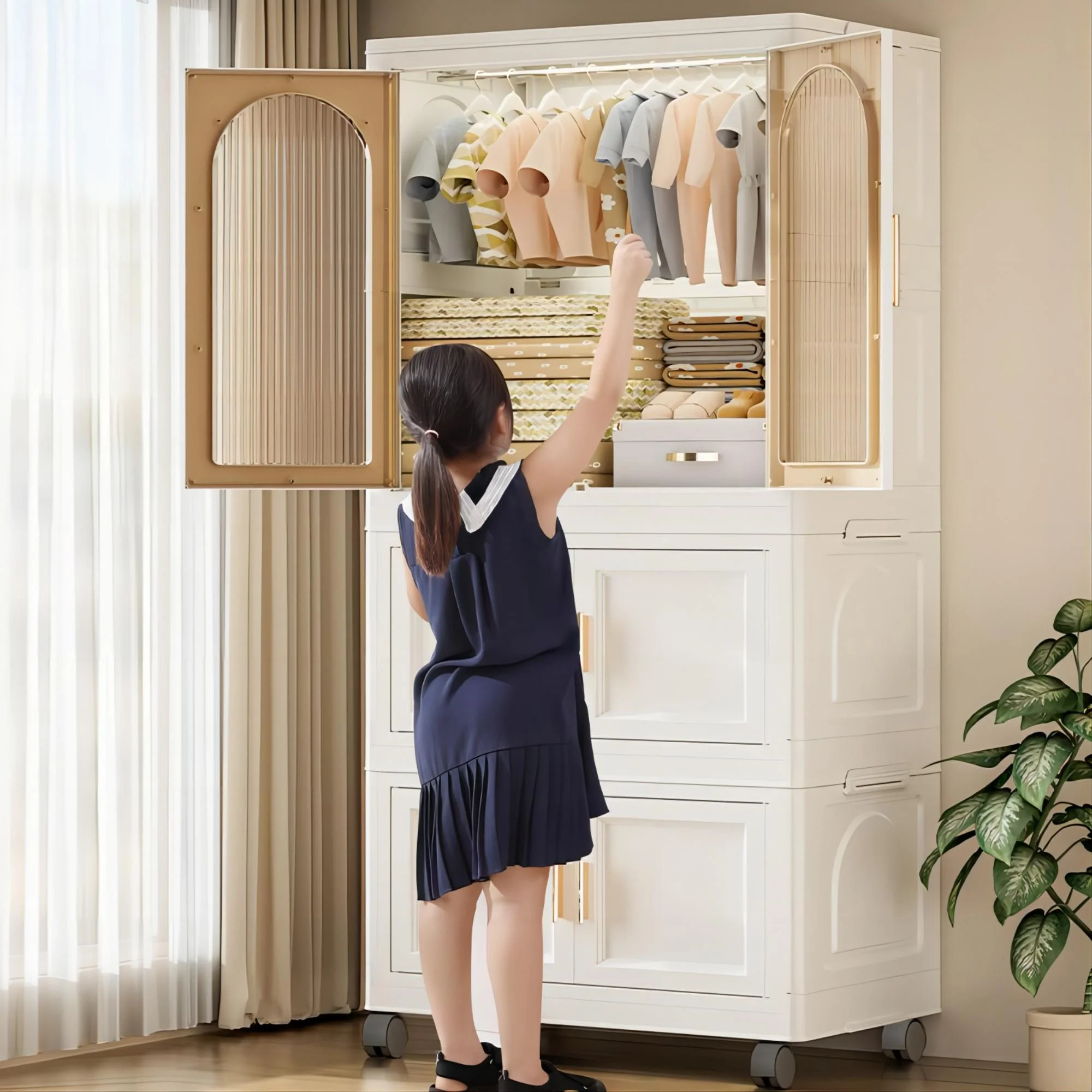 PORKISS Portable Wardrobe Closet, Folding Bedroom Armoire with Wheels, Plastic Storage Basket Can be Freely Combined (1 Layer of Wardrobe + 2 Layers of Folding Boxes+10 Hangers), Cream White-57.09"H - Image 5